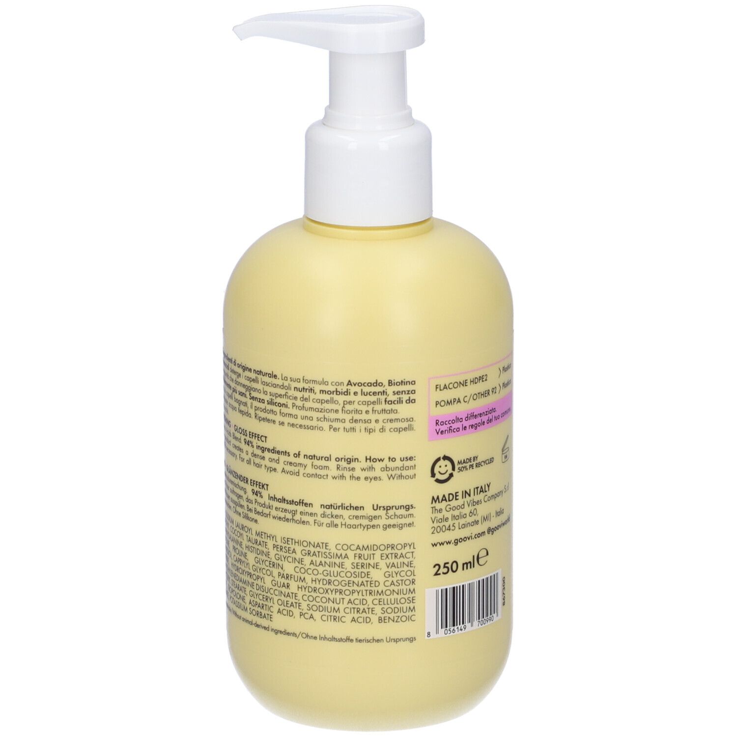 Helle gelbe Flasche mit weißem Pumpspender, 250 ml.