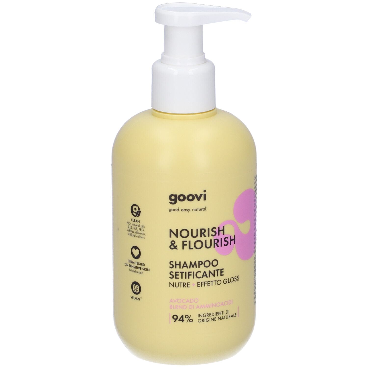 Hellgelbe Flasche mit weißem Pumpspender. Beschriftung: goovi NOURISH & FLOURISH SHAMPOO SETIFICANTE.