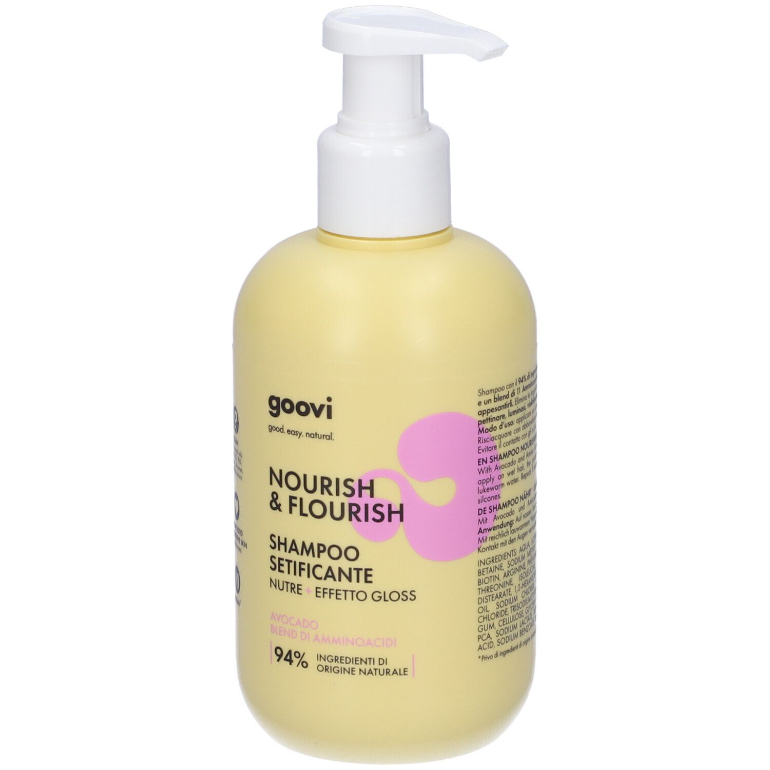 Goovi Nourish & Flourish Shampoo mit Pumpspender. Helle gelbe Flasche mit rosa und weißen Akzenten.