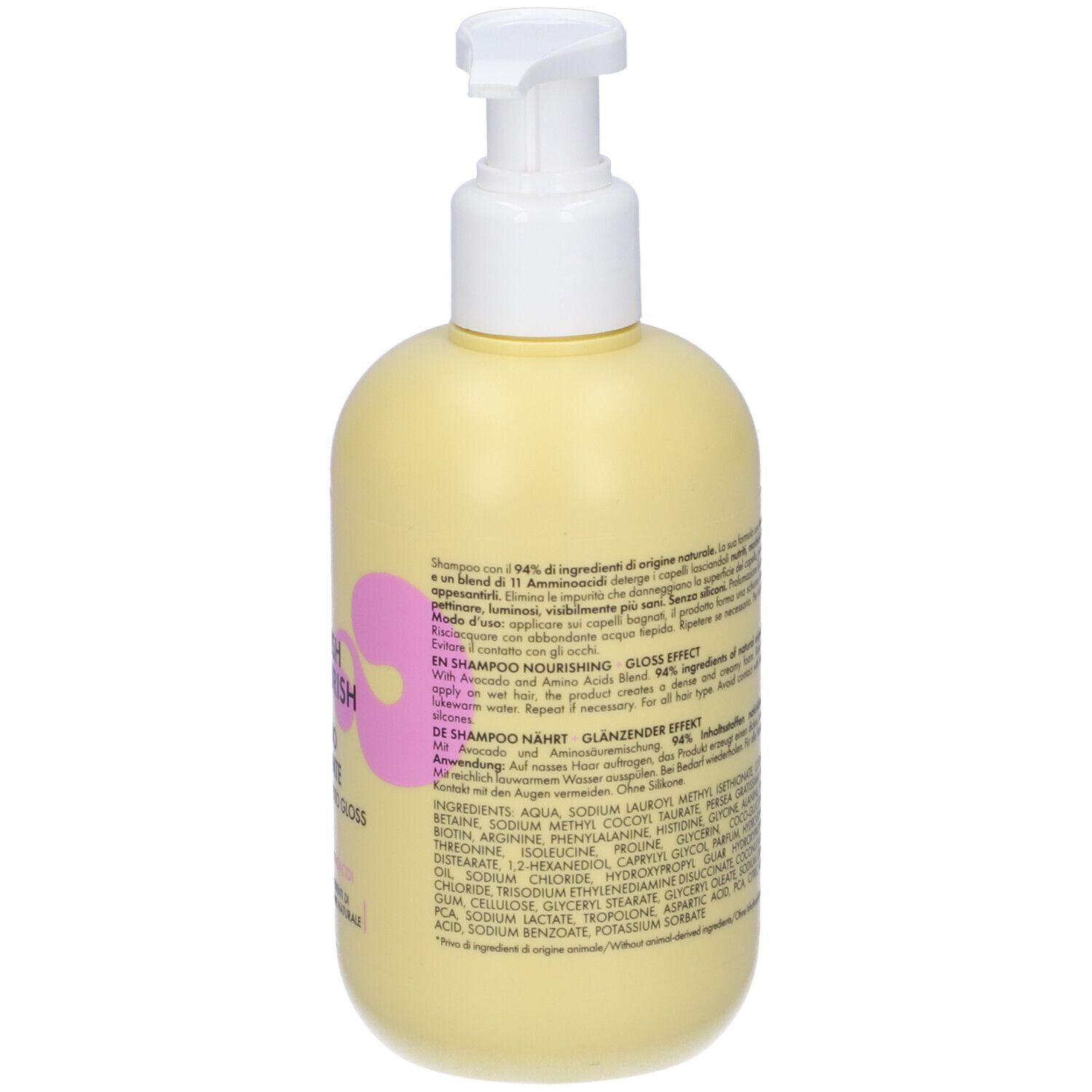 Helles gelbes Shampoo in Pumpspenderflasche mit rosa und pinker Schrift.