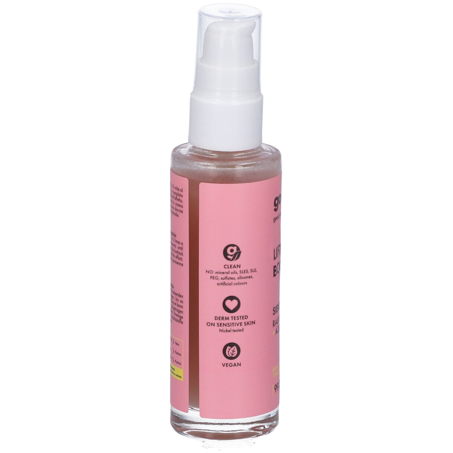 Flacone rosa con dispenser bianco. Scritta: Goovi, Lift Your Booty, Siero Glutei. Simboli: Clean, Testato dermatologicamente, Vegan.