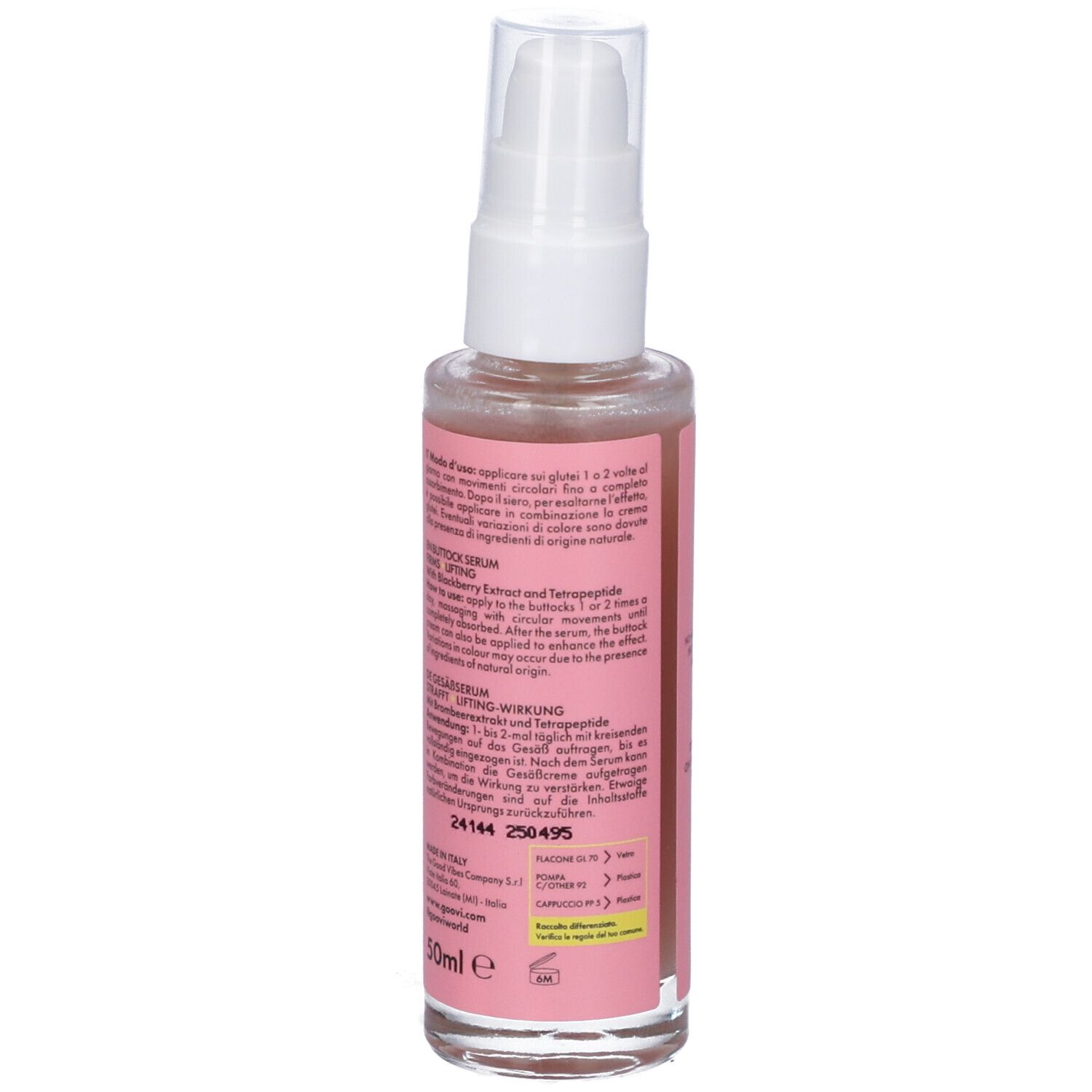 Flacone rosa con dispenser bianco. Scritta: Goovi, Lift Your Booty, Siero Glutei. Retro con informazioni e ingredienti del prodotto.