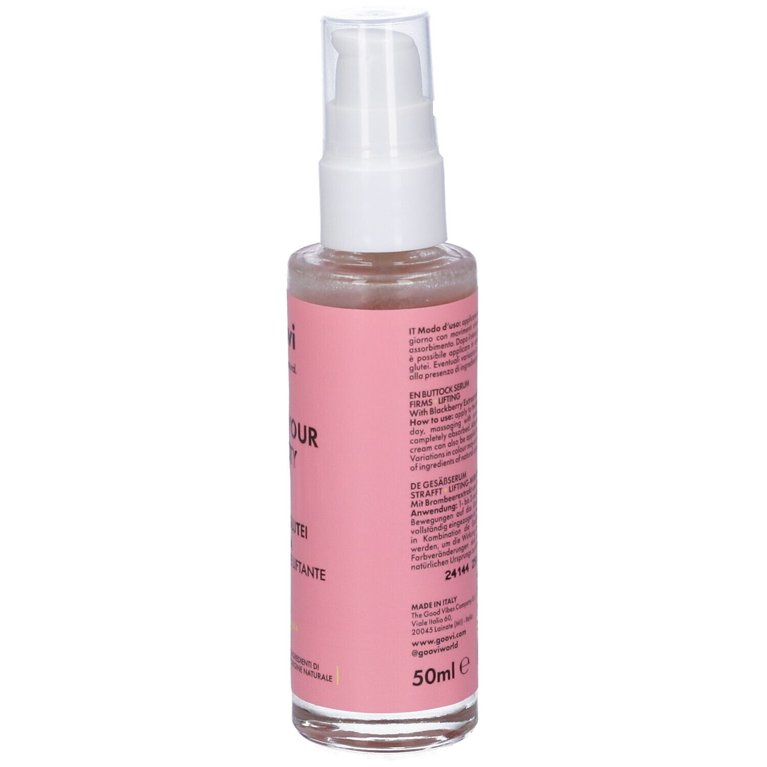 Flacone rosa con dispenser bianco. Scritta: Goovi, Lift Your Booty, Siero Glutei. Retro con informazioni e ingredienti del prodotto.