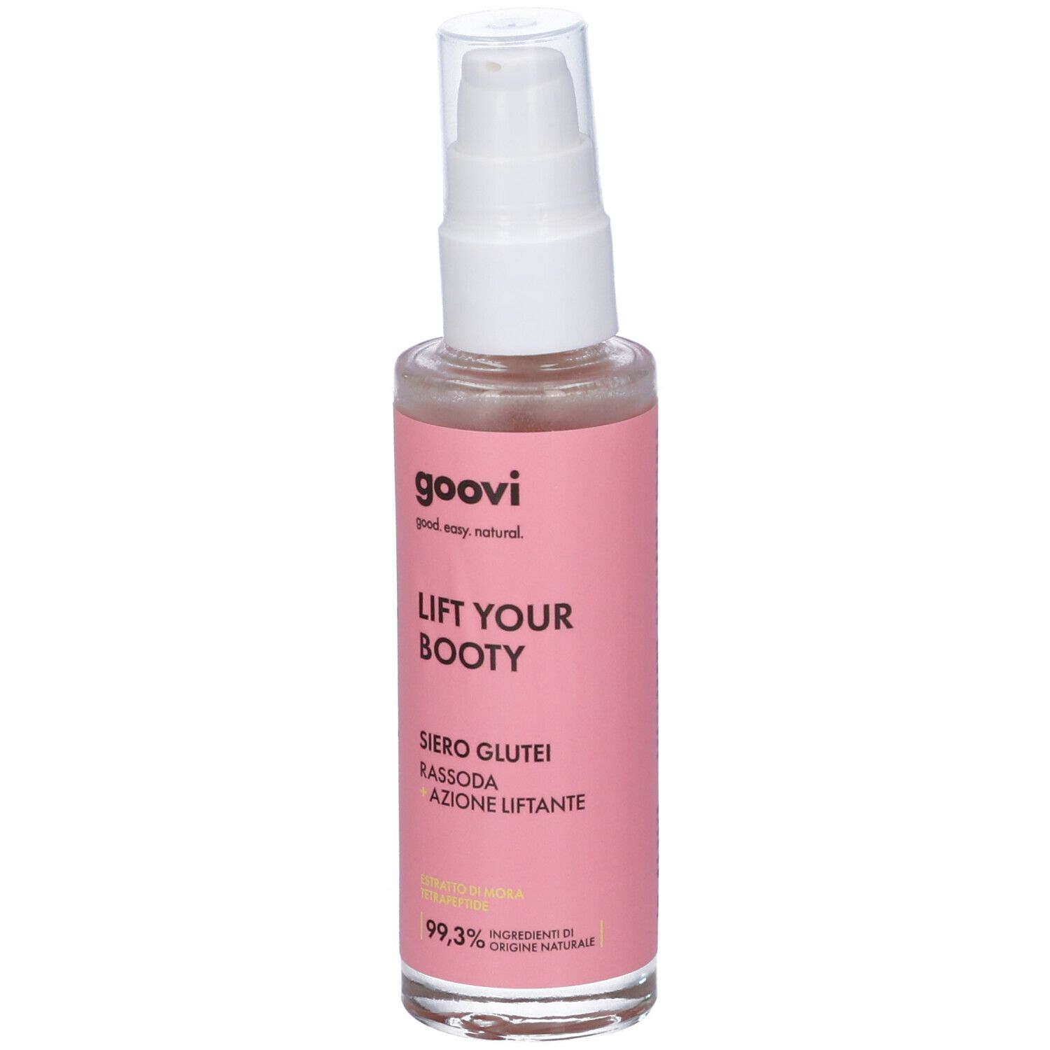 Flacone rosa con dispenser bianco. Scritta: Goovi, Lift Your Booty, Siero Glutei. 99,3% ingredienti di origine naturale.