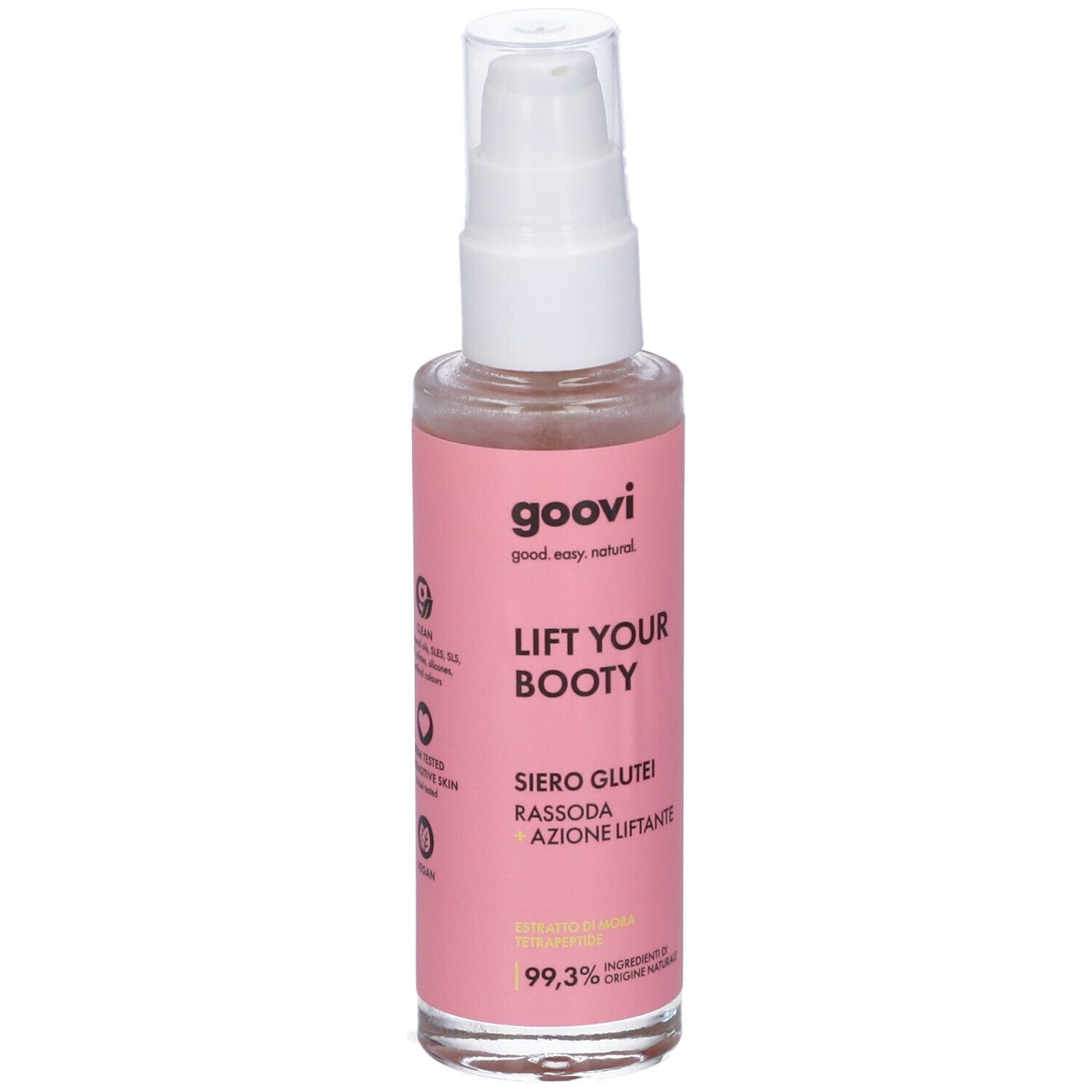 Flacone rosa con dispenser bianco. Scritta: Goovi, Lift Your Booty, Siero Glutei. 99,3% ingredienti di origine naturale.