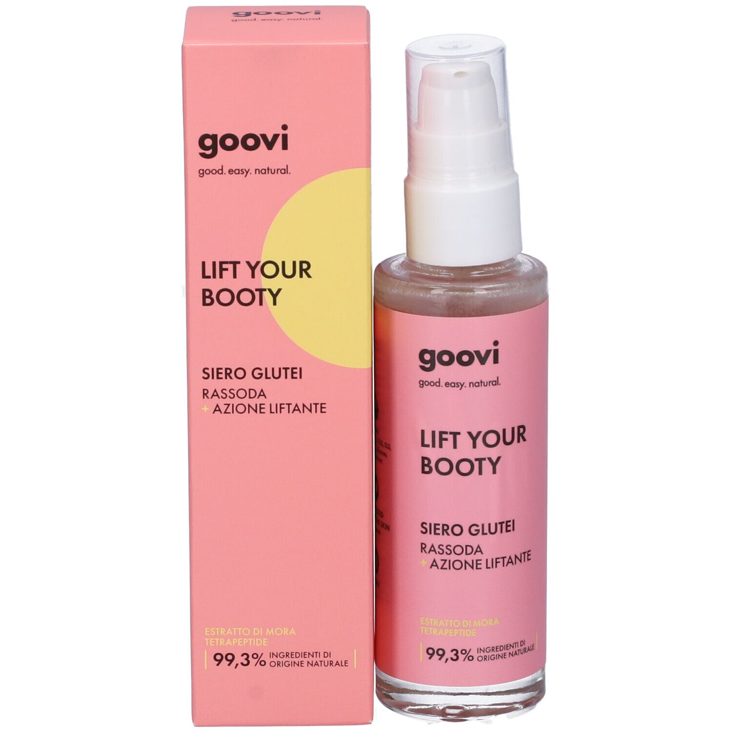 Scatola rosa e flacone con dispenser bianco. Scritta: Goovi, Lift Your Booty, Siero Glutei. 99,3% ingredienti di origine naturale.