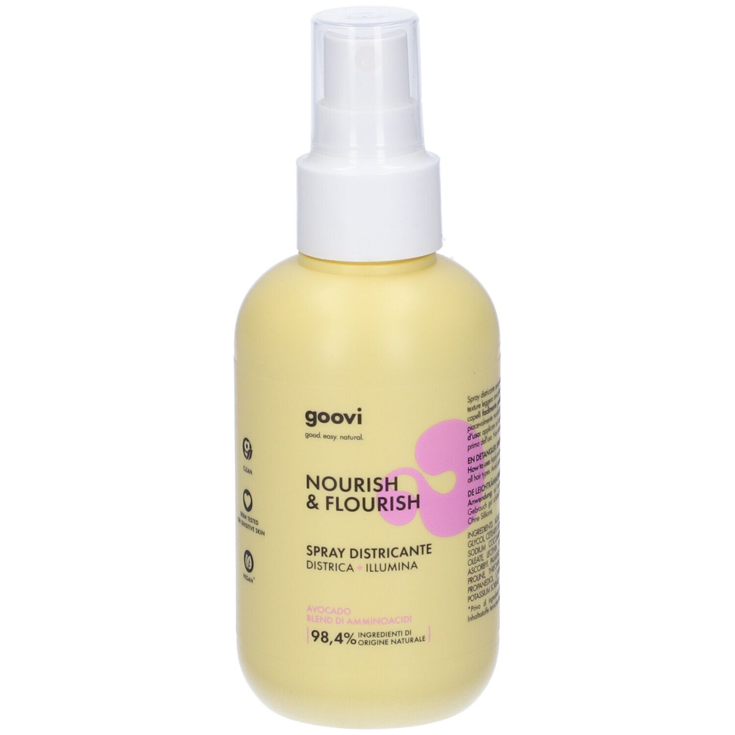 Flacone giallo con erogatore spray. Scritta: Goovi Nourish & Flourish Spray Districante. Logo rosa.
