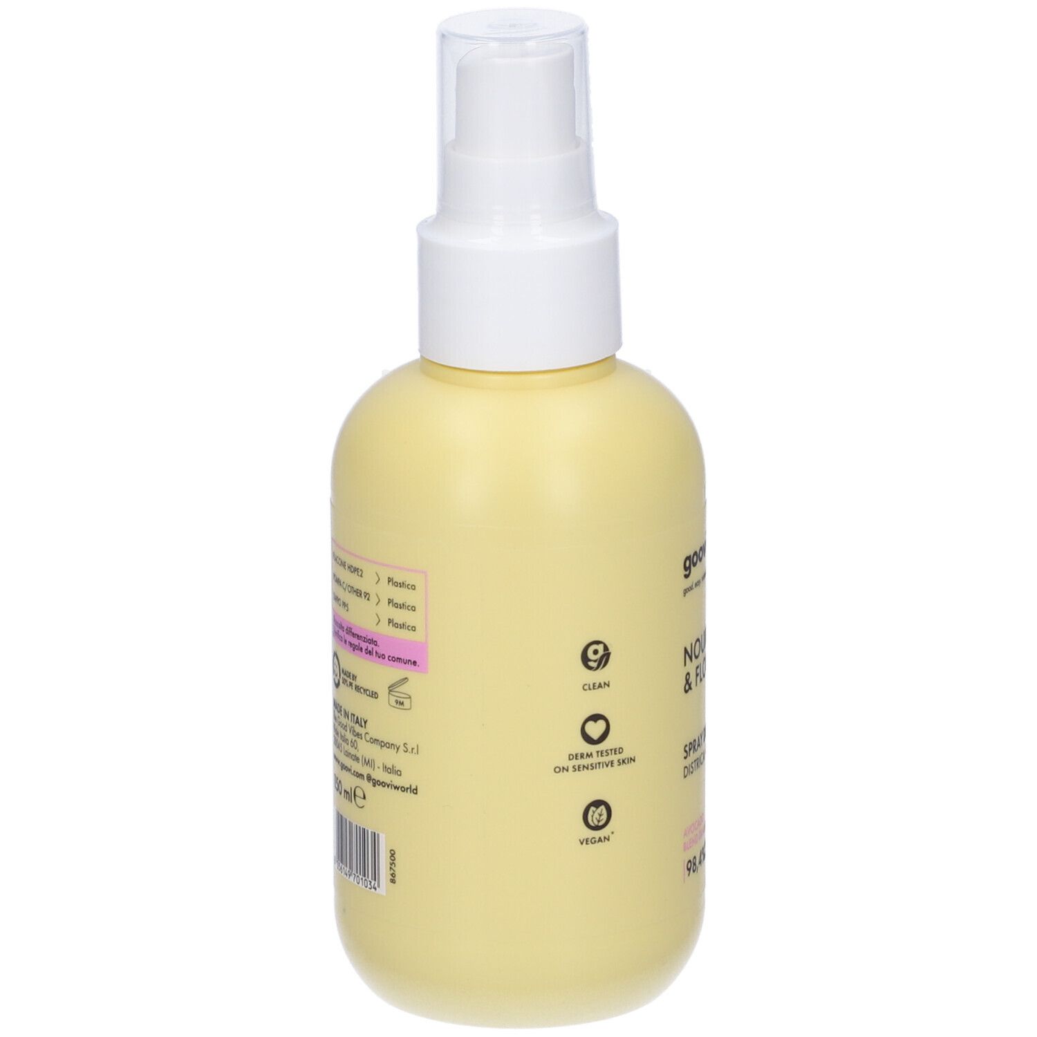 Flacone giallo con erogatore spray. Scritta: Goovi. Icone per Clean, Pelle sensibile, Vegan.