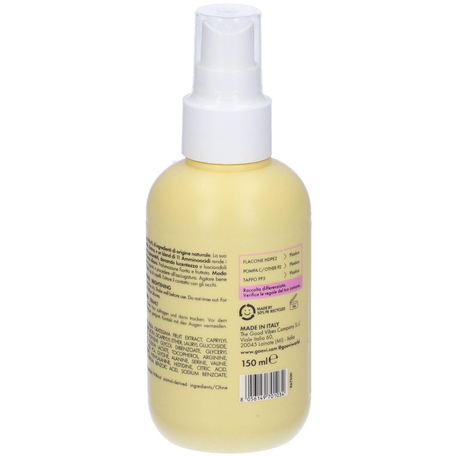 Flacone giallo con erogatore spray. Scritta: Goovi. Testo e ingredienti. Prodotto in Italia.