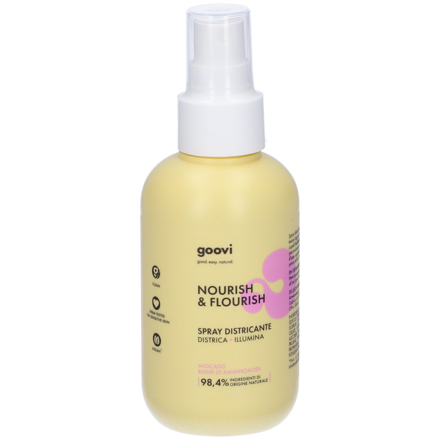 Flacone giallo con erogatore spray. Scritta: Goovi Nourish & Flourish Spray Districante. Logo rosa.