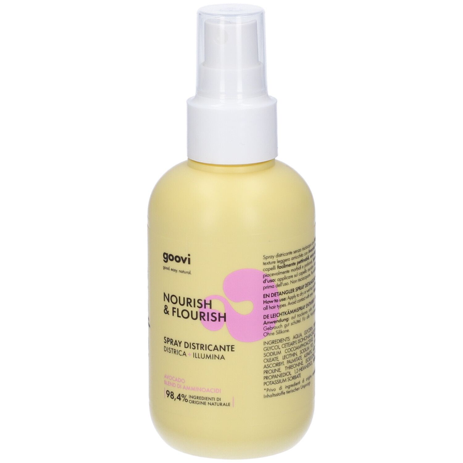 Flacone giallo con erogatore spray. Scritta: Goovi Nourish & Flourish Spray Districante. Testo e ingredienti.