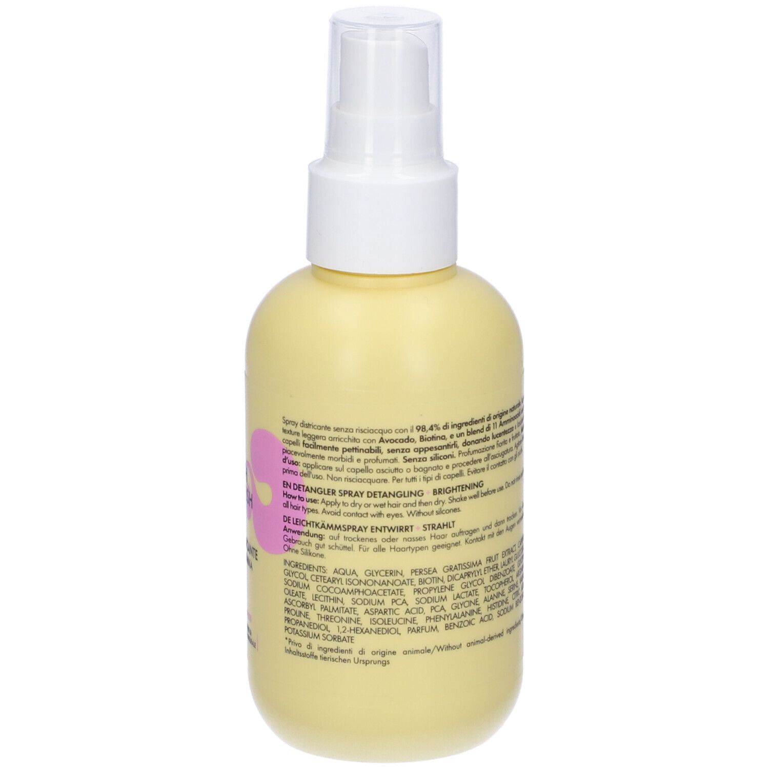 Flacone giallo con erogatore spray. Scritta: Goovi Nourish & Flourish Spray Districante. Testo e ingredienti.
