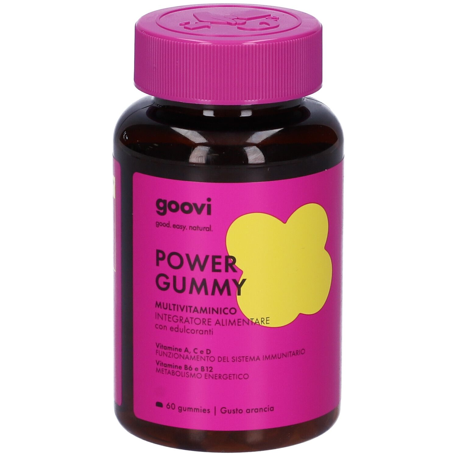 Flacone marrone con etichetta rosa. Scritta: Goovi Power Gummy Multivitaminico. 60 caramelle gommose, gusto arancia.