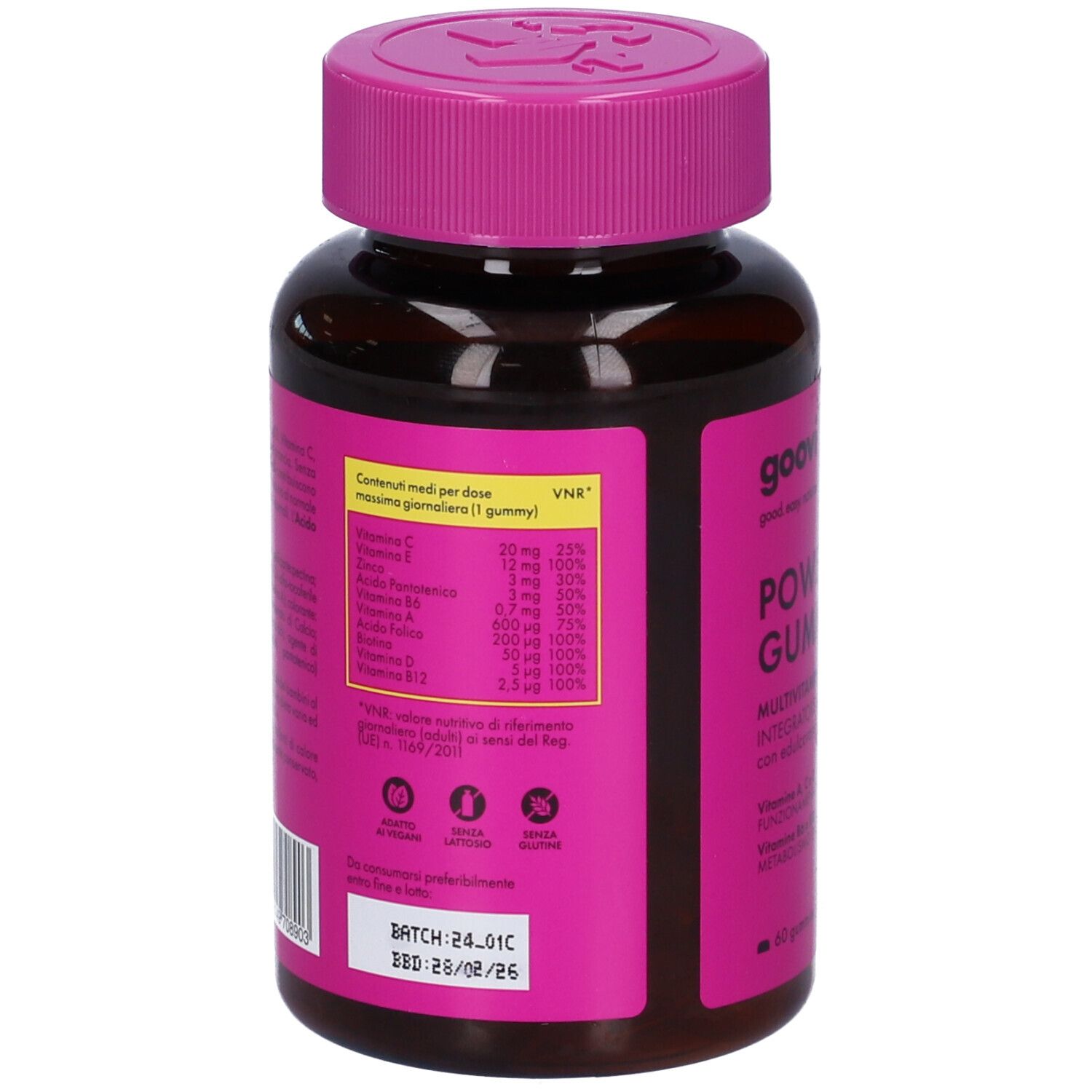 Retro del flacone. Etichetta rosa con informazioni nutrizionali. Scritta: Goovi Power Gummy. Data di scadenza.