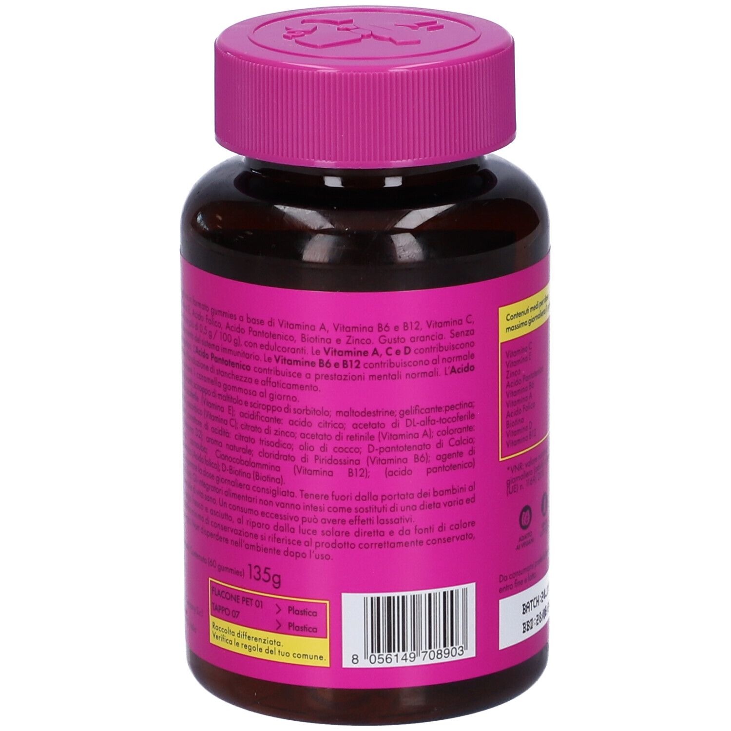 Retro del flacone. Etichetta rosa con ingredienti e avvertenze. Peso: 135g. Informazioni produttore.