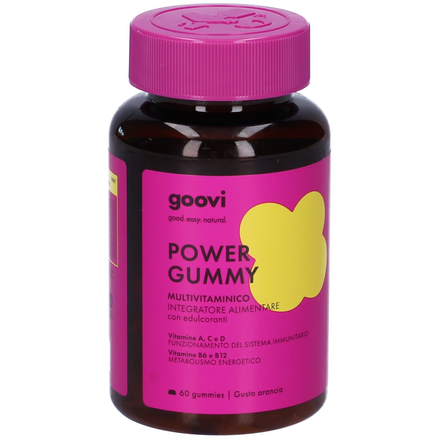Flacone marrone con etichetta rosa. Scritta: Goovi Power Gummy Multivitaminico. 60 caramelle gommose, gusto arancia.