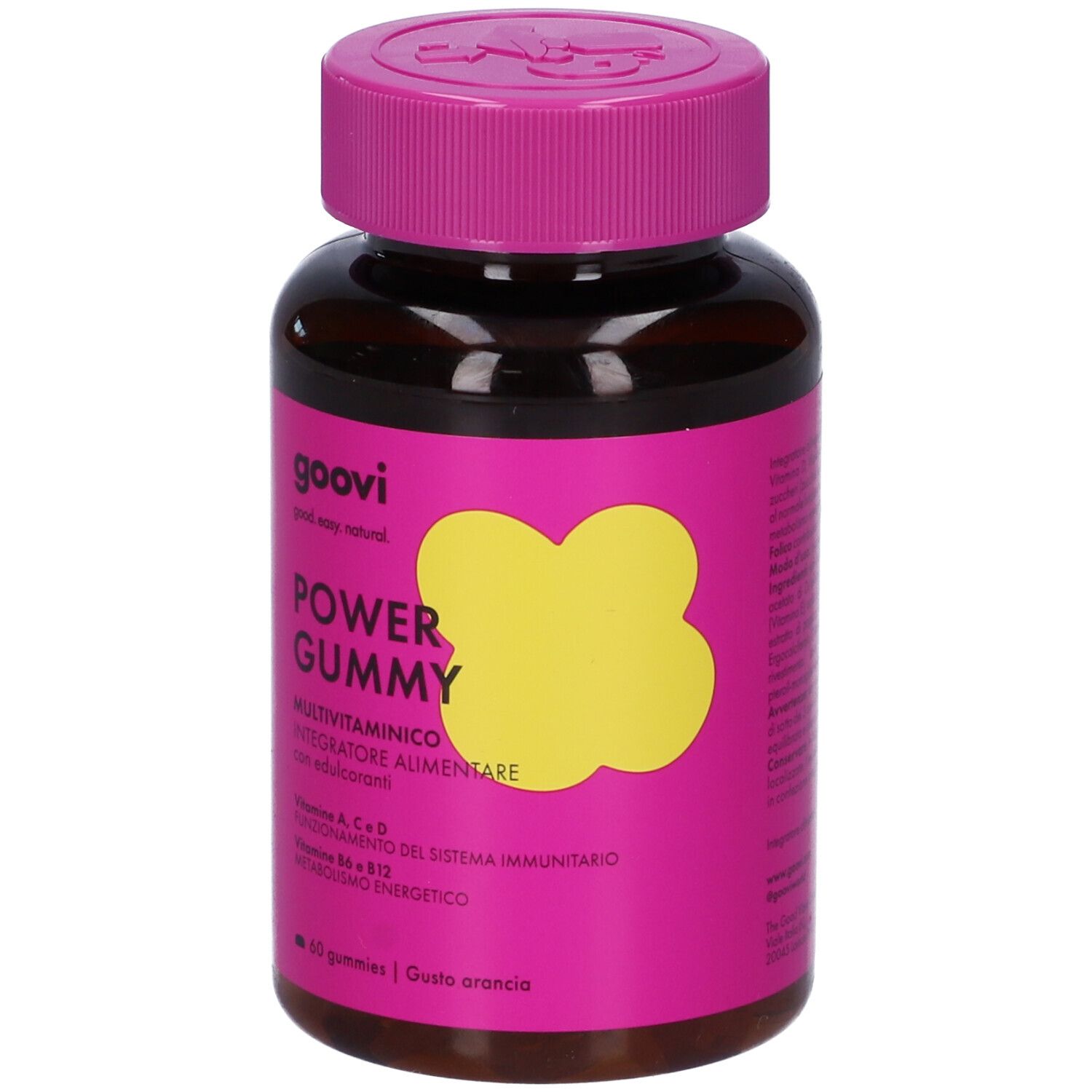 Flacone marrone con etichetta rosa. Scritta: Goovi Power Gummy Multivitaminico. 60 caramelle gommose, gusto arancia.
