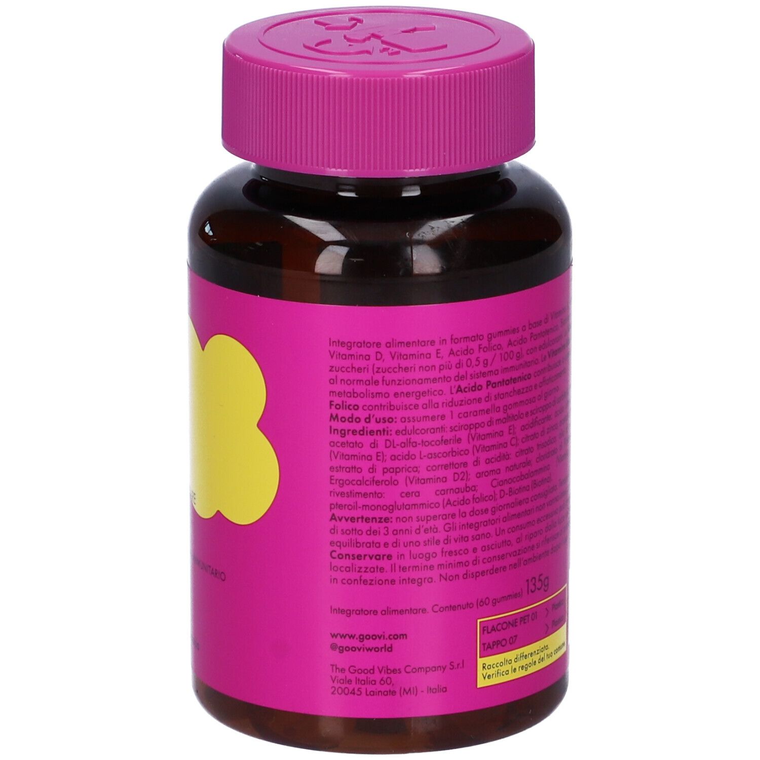 Retro del flacone. Etichetta rosa con ingredienti e avvertenze. Peso: 135g. Informazioni produttore.