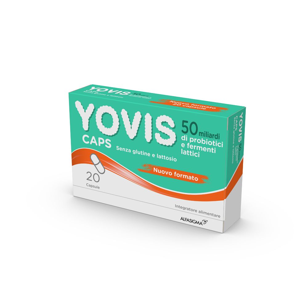 Scatola verde "Yovis Caps". Contiene 20 capsule. Testo: "Senza glutine e lattosio".