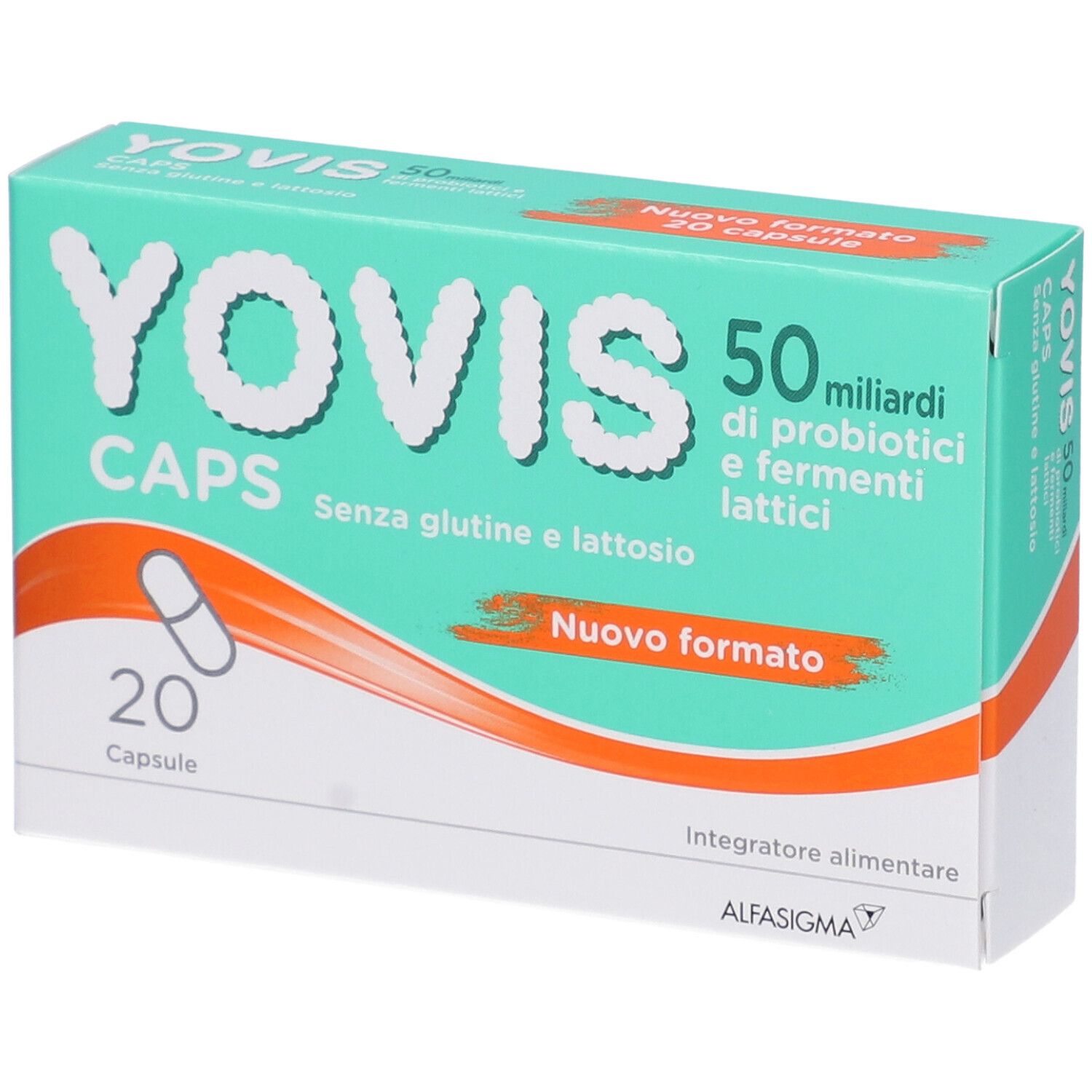 Scatola "Yovis Caps". 20 capsule. Testo: "Senza glutine e lattosio". "Nuovo formato".