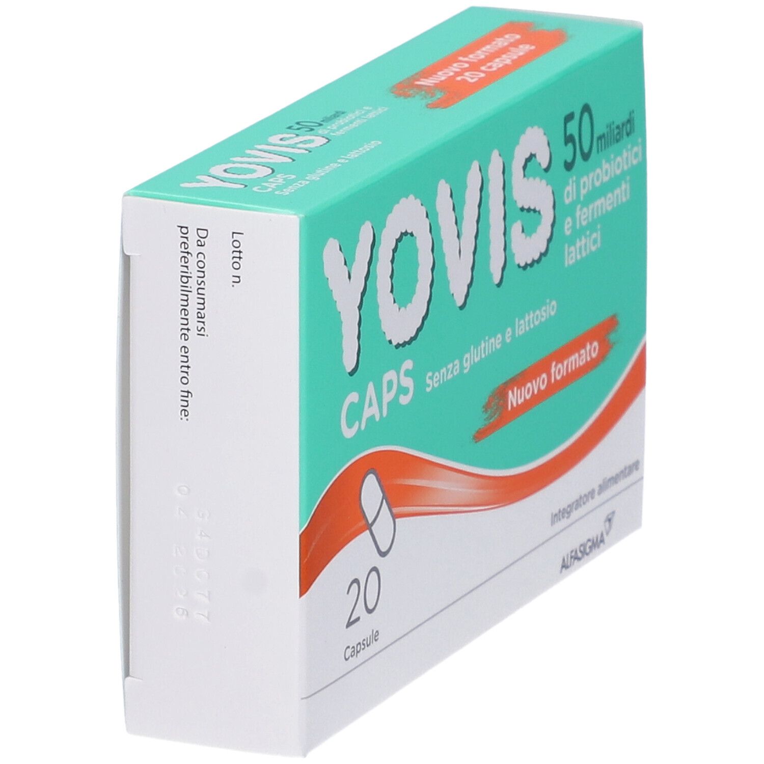Scatola "Yovis Caps". Vista laterale. Testo: "Senza glutine e lattosio". "Nuovo formato".