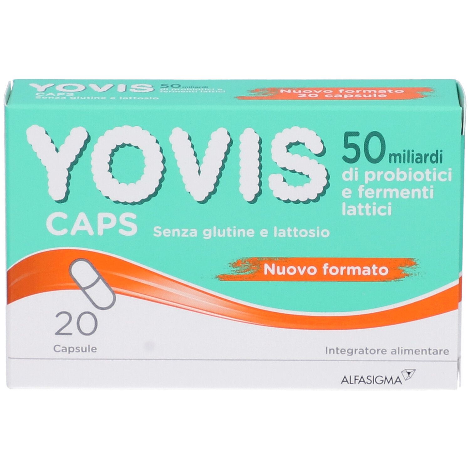 Scatola "Yovis Caps". 20 capsule. Testo: "Senza glutine e lattosio". "Nuovo formato".