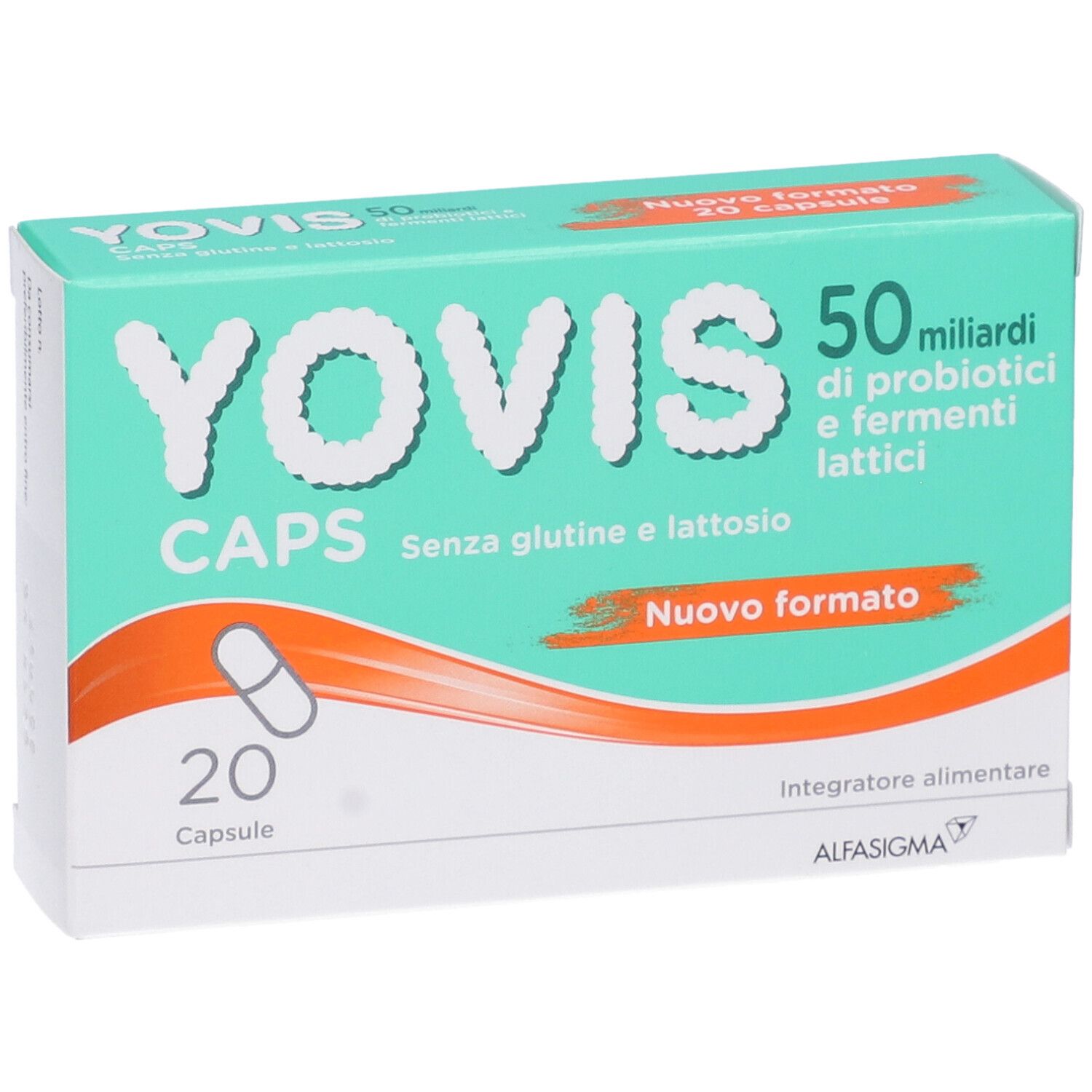 Scatola "Yovis Caps". 20 capsule. Testo: "Senza glutine e lattosio". "Nuovo formato".