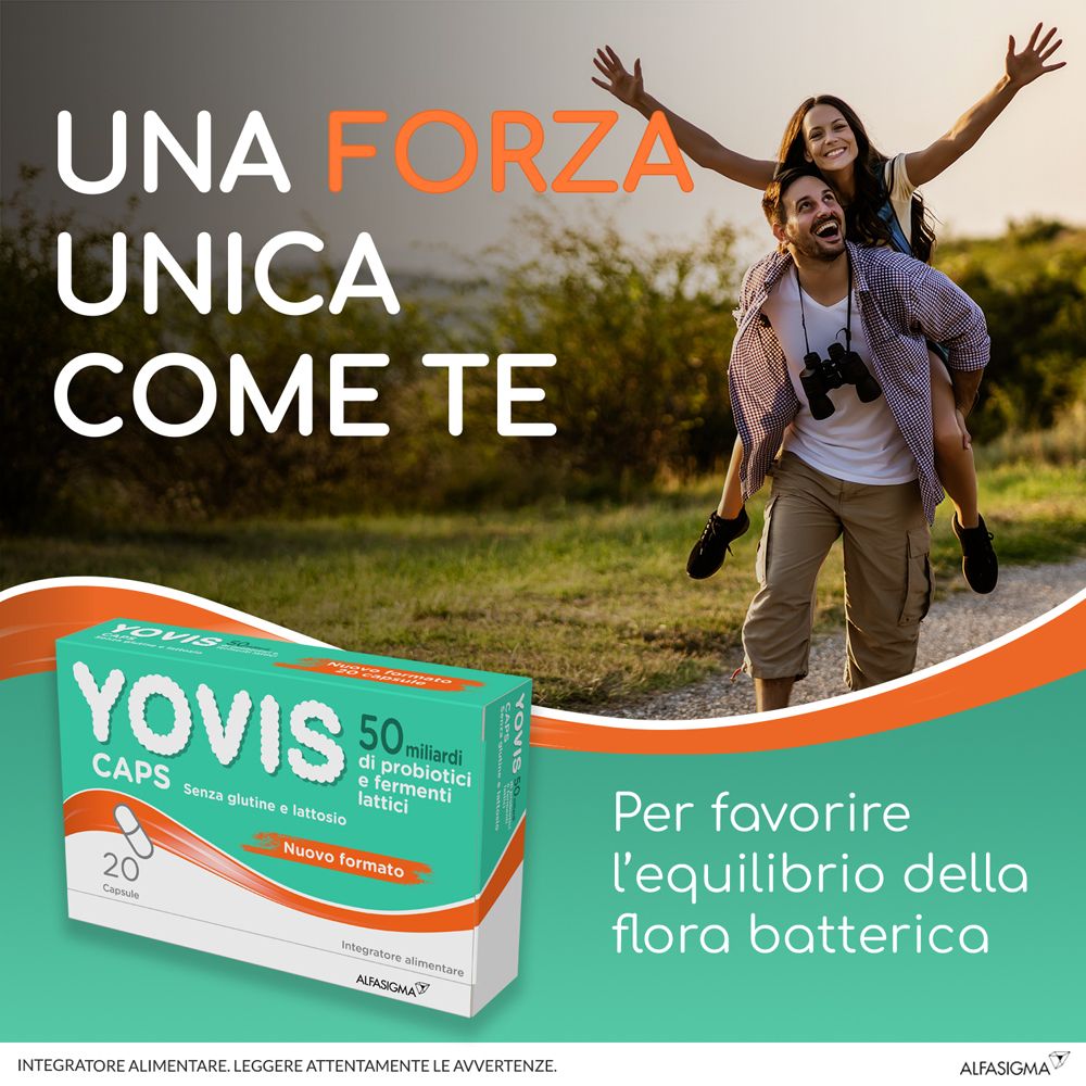 Pubblicità con confezione "Yovis Caps". Coppia all'aperto. Testo: "Una forza unica come te".