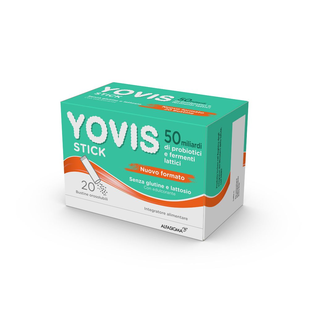 Confezione di Yovis Stick. Verde e bianca, con nome del prodotto e 20 bustine. Contiene 50 miliardi di probiotici e fermenti lattici.