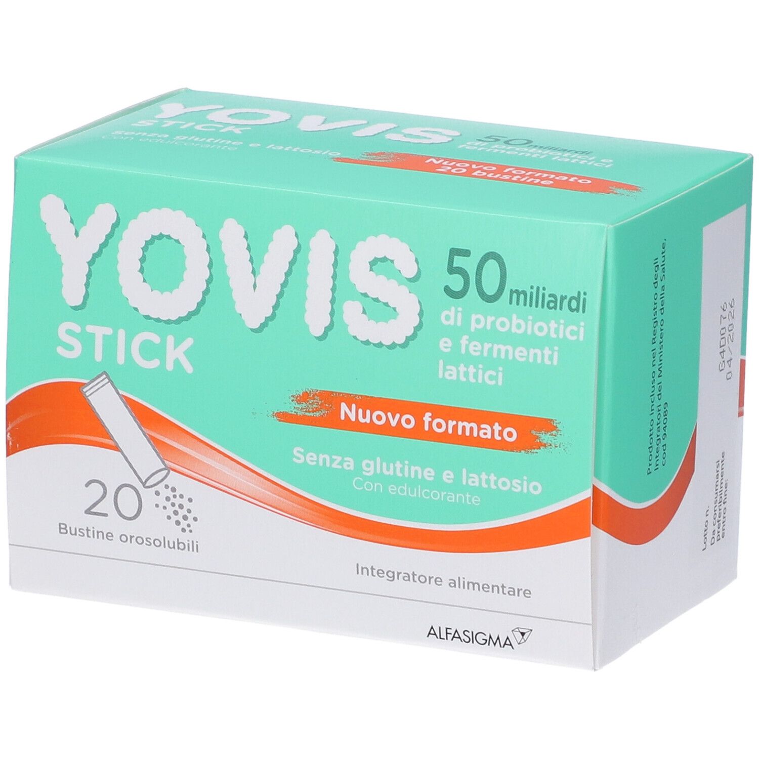 Confezione di Yovis Stick. Verde e bianca, con nome del prodotto e 20 bustine. Contiene 50 miliardi di probiotici e fermenti lattici.