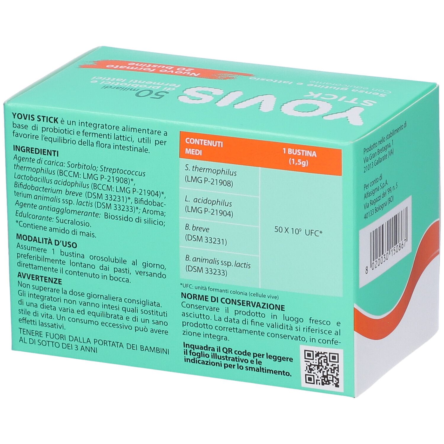 Confezione Yovis Stick. Sotto. Ingredienti, uso, conservazione, codice QR. Indirizzo del produttore.