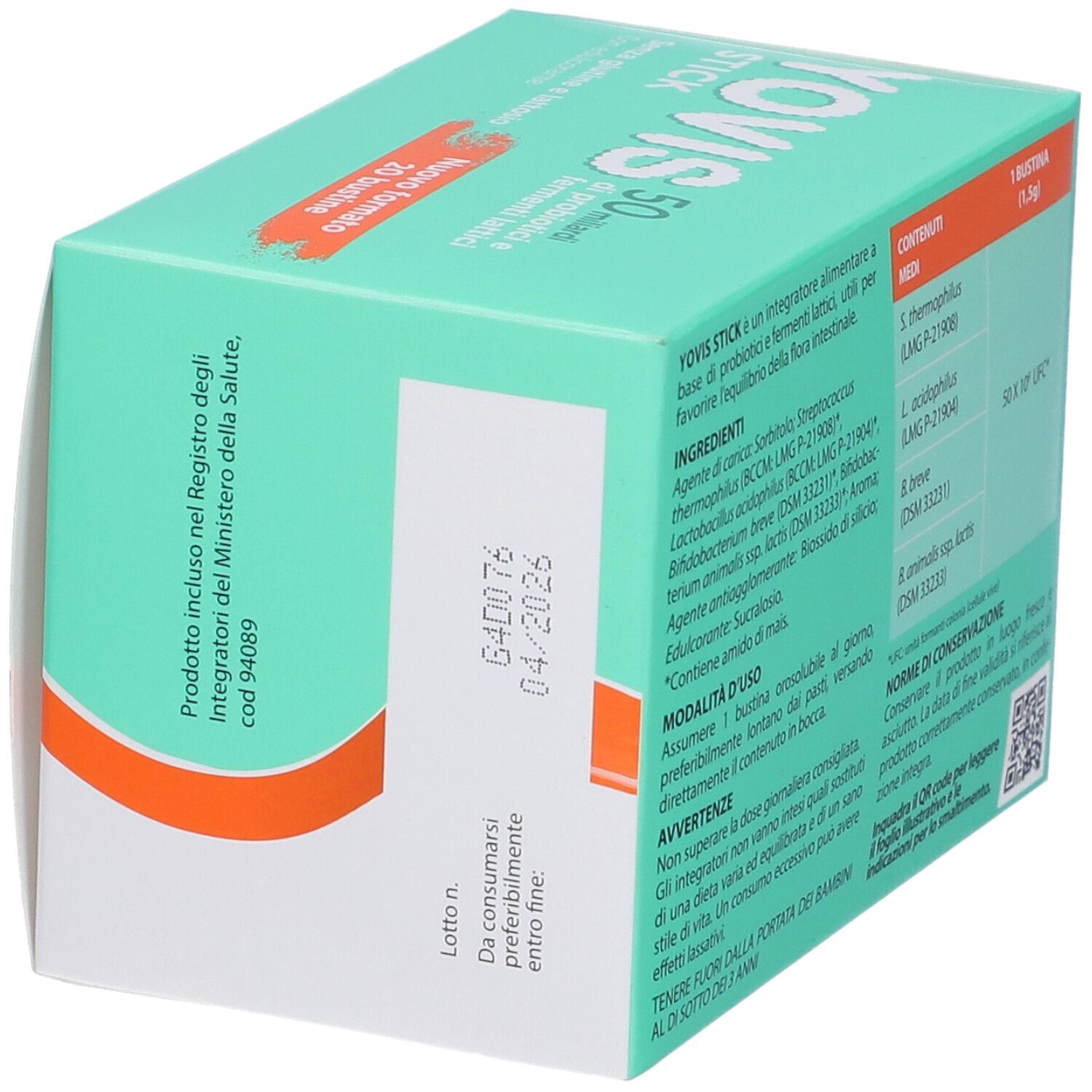 Confezione di Yovis Stick. Verde e bianca, con nome del prodotto e 20 bustine. Contiene 50 miliardi di probiotici e fermenti lattici.