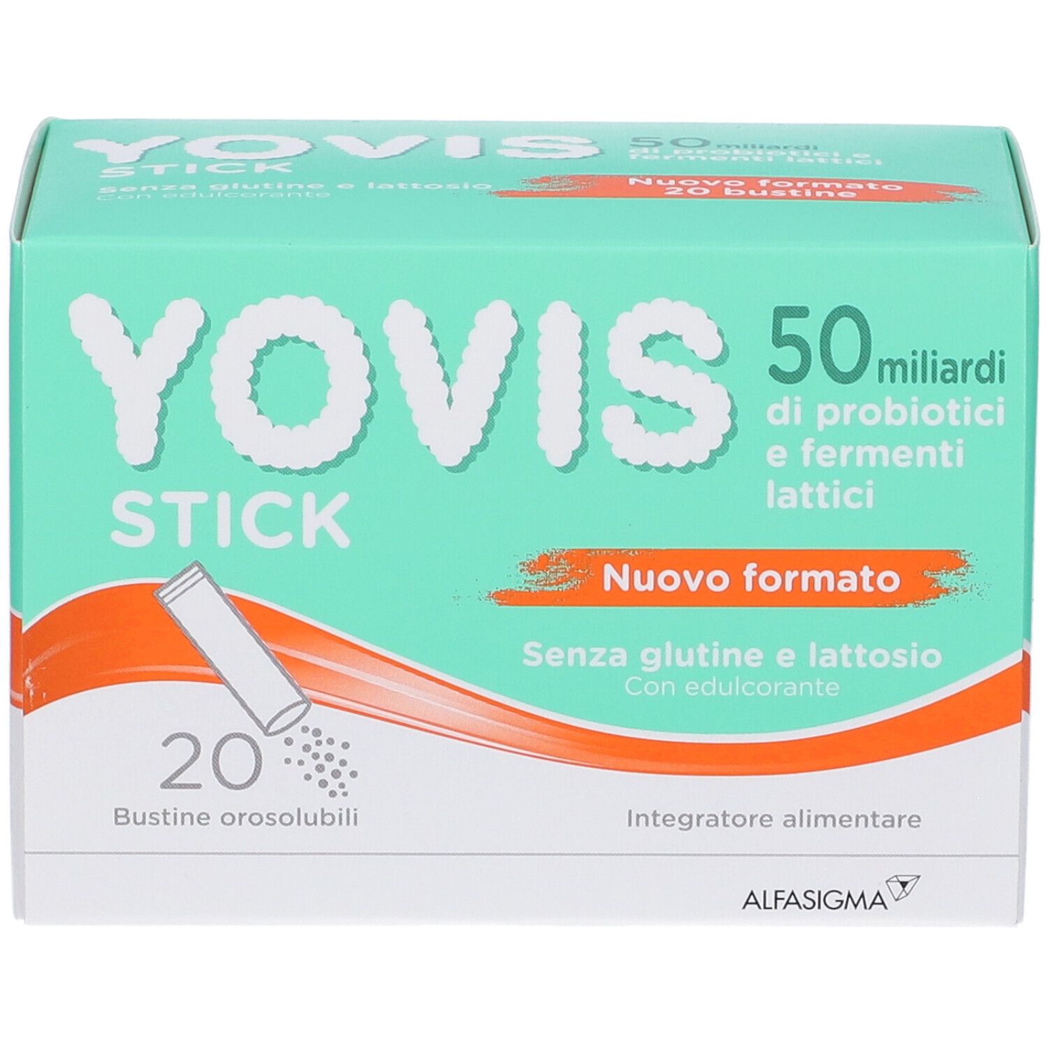Confezione di Yovis Stick. Verde e bianca, con nome del prodotto e 20 bustine. Contiene 50 miliardi di probiotici e fermenti lattici.