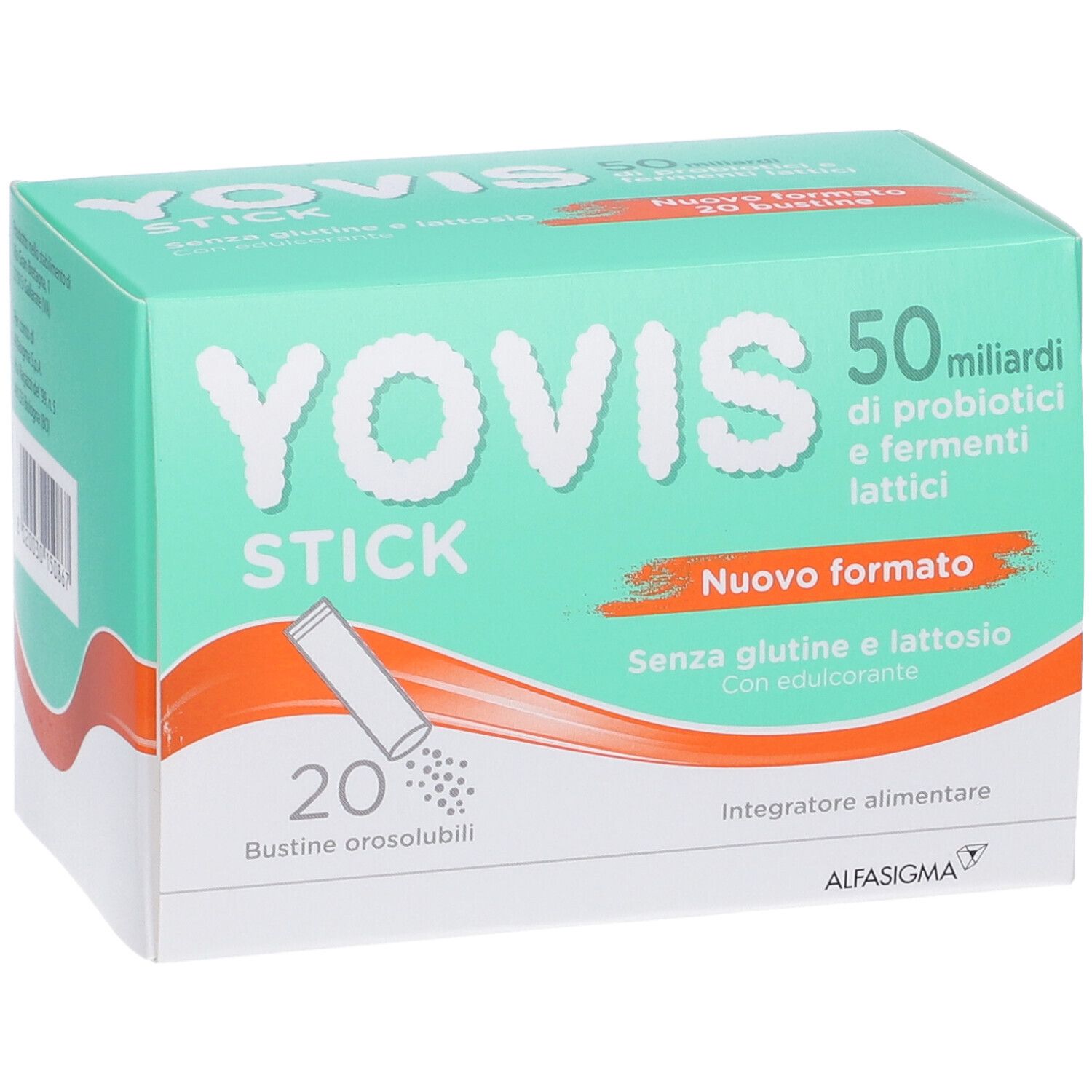 Confezione di Yovis Stick. Verde e bianca, con nome del prodotto e 20 bustine. Contiene 50 miliardi di probiotici e fermenti lattici.