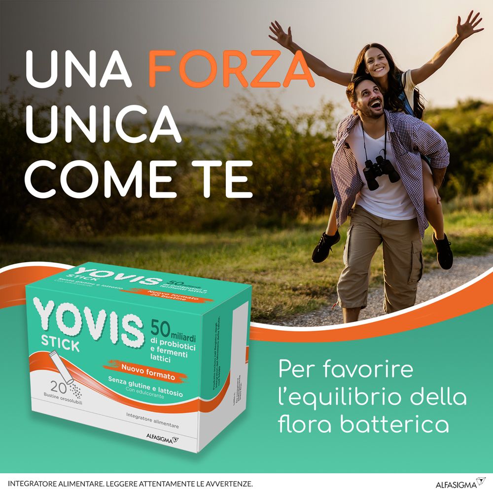 Pubblicità con confezione di Yovis Stick. Uomo porta donna. Testo: Una forza unica come te. Per l'equilibrio della flora batterica.