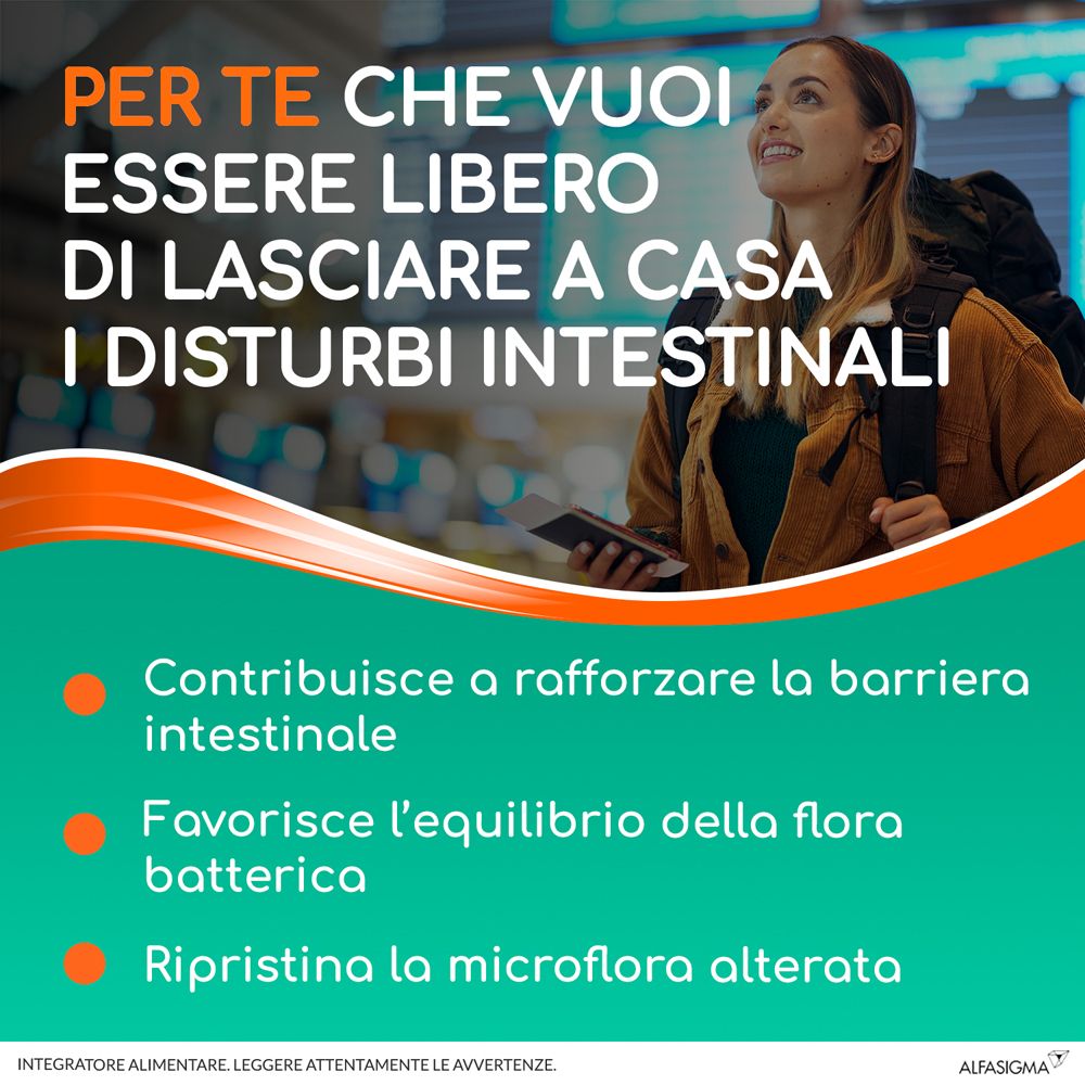 Grafica testuale. Donna in aeroporto. Contribuisce a rafforzare la barriera intestinale. Equilibra la flora. Ripristina la microflora.
