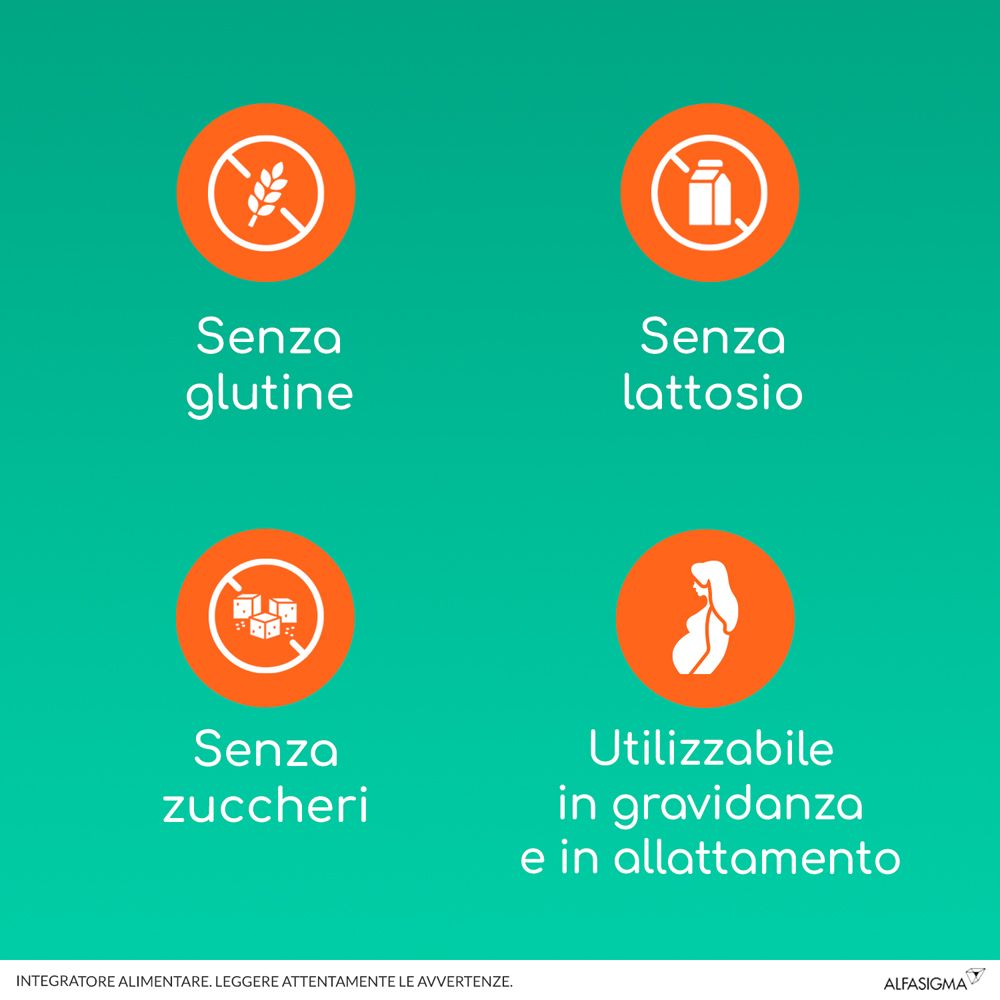 Grafica con simboli. Senza glutine, lattosio, zuccheri. Utilizzabile in gravidanza e allattamento.