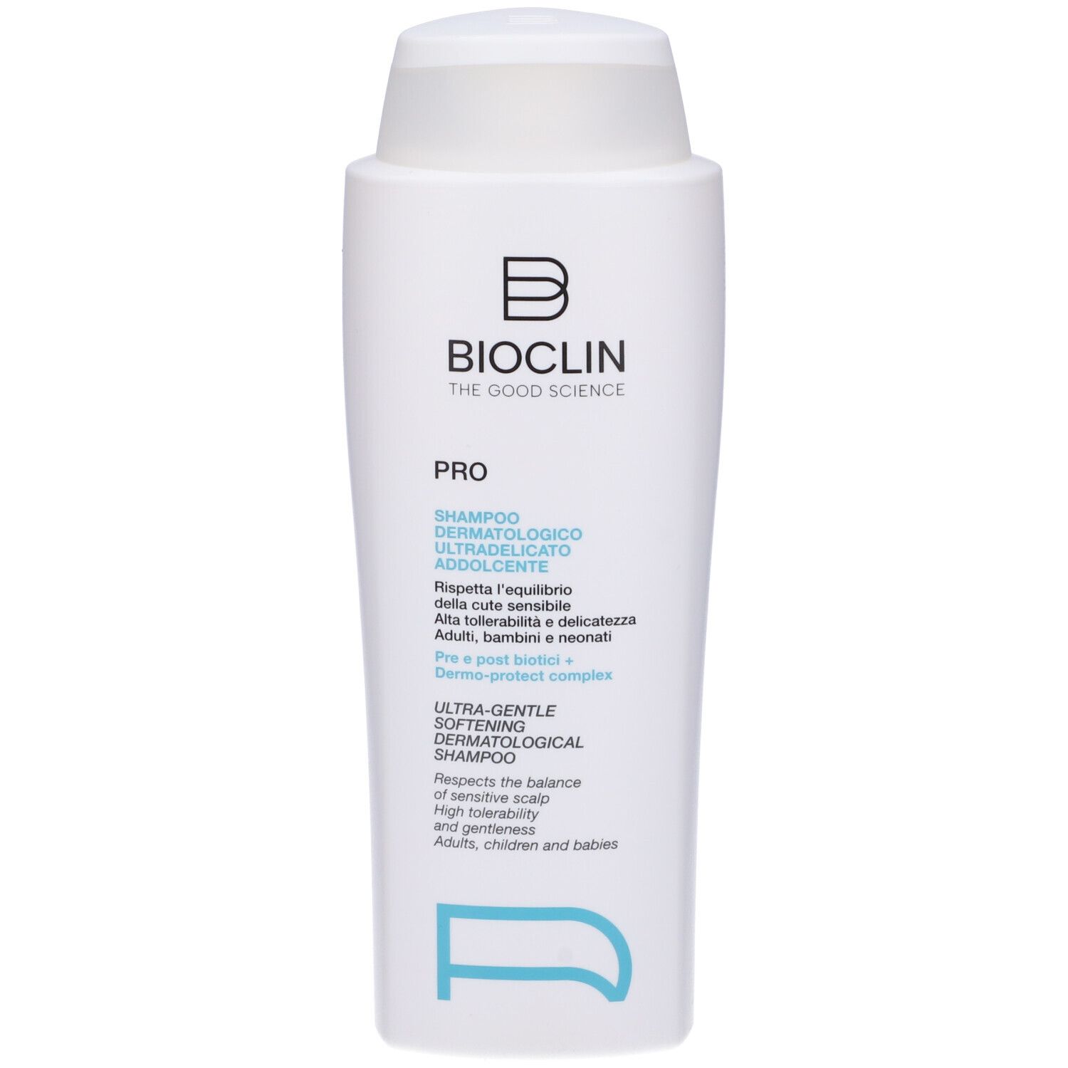 Flacone bianco Bioclin Pro Shampoo. Scritta nera, dettagli blu. Testo: Dermatologico Ultradelicato Addolcente. Logo Bioclin.