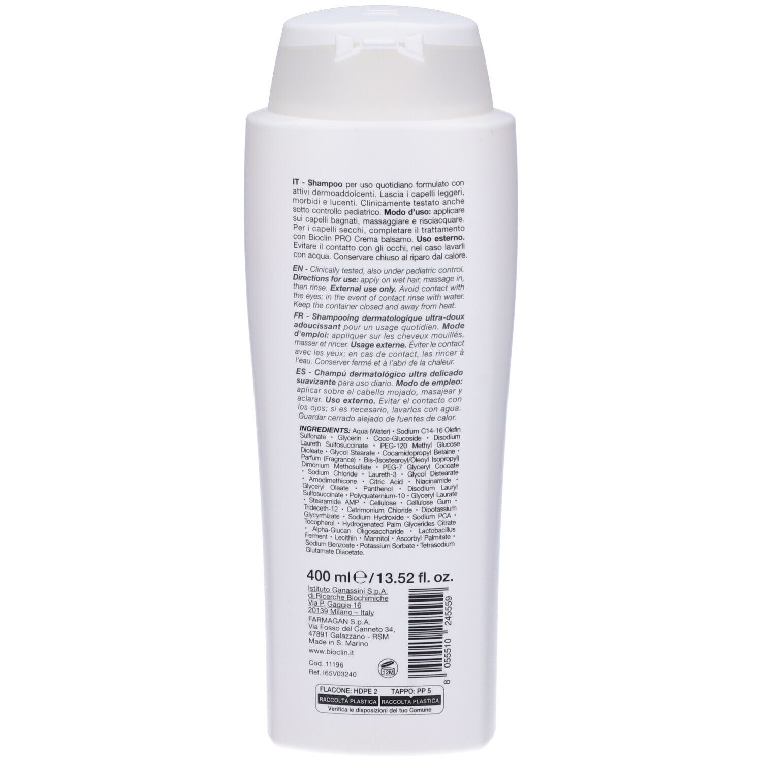 Retro flacone bianco Bioclin Pro Shampoo. Testo multilingue. Ingredienti e istruzioni. Contenuto: 400 ml.