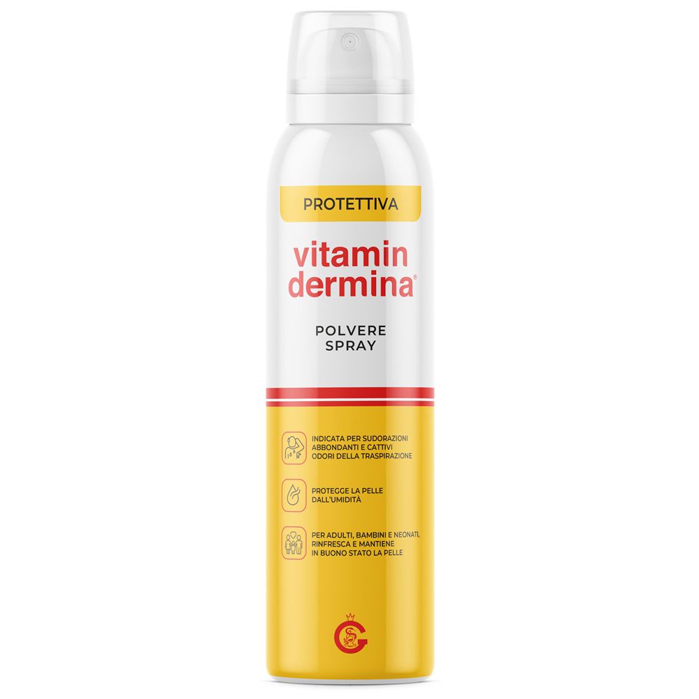 Vitamin Dermina Pulver Spray Dose mit weißem Verschluss und gelbem Etikett.