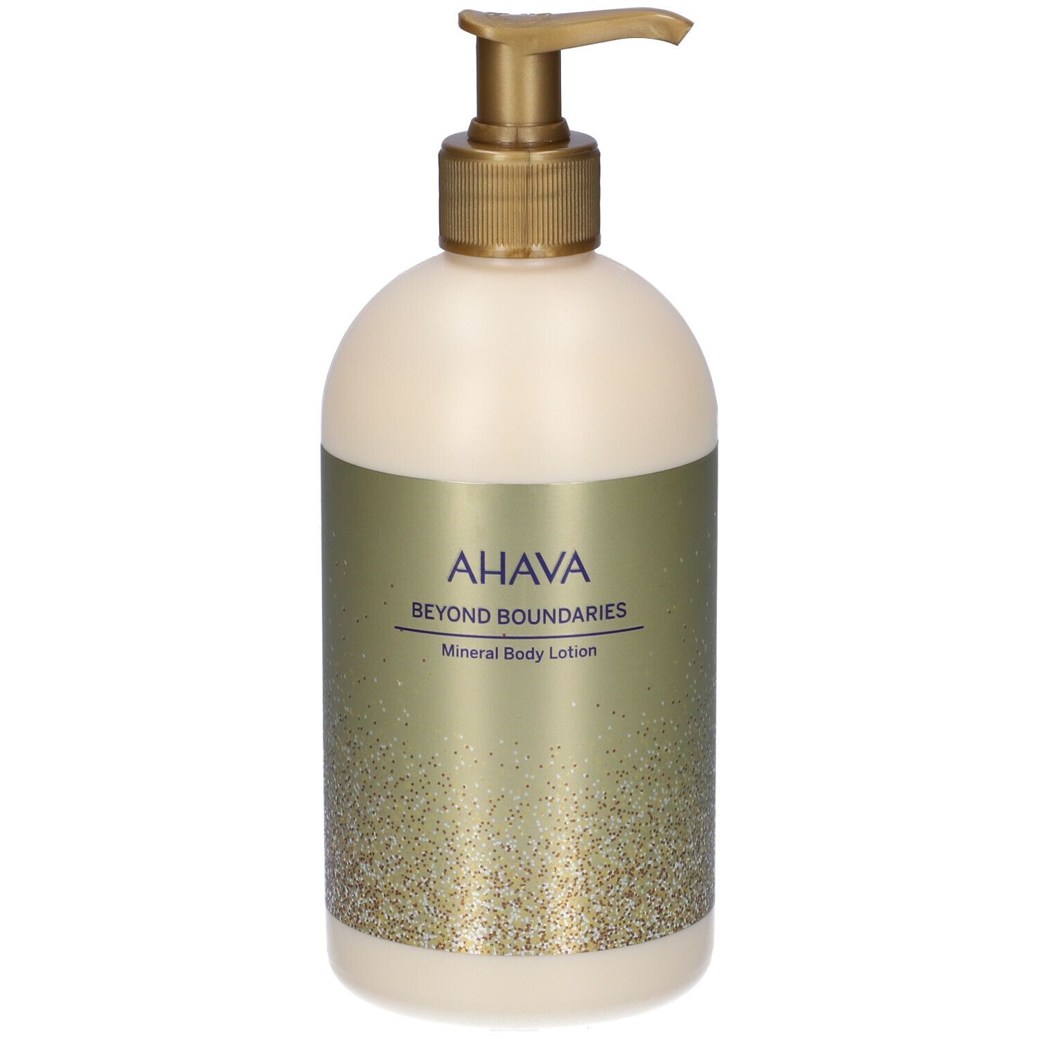 Flacone beige con erogatore dorato. Scritta AHAVA, Beyond Boundaries, Mineral Body Lotion.