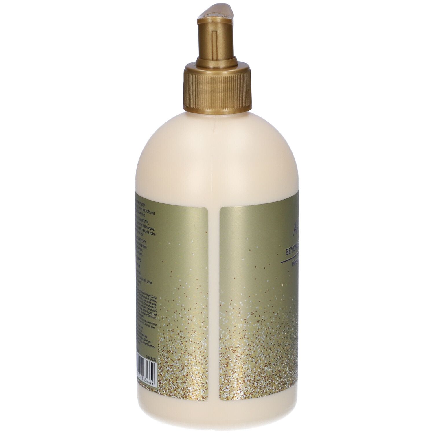 Retro di un flacone beige con erogatore dorato. Testo sull'etichetta.