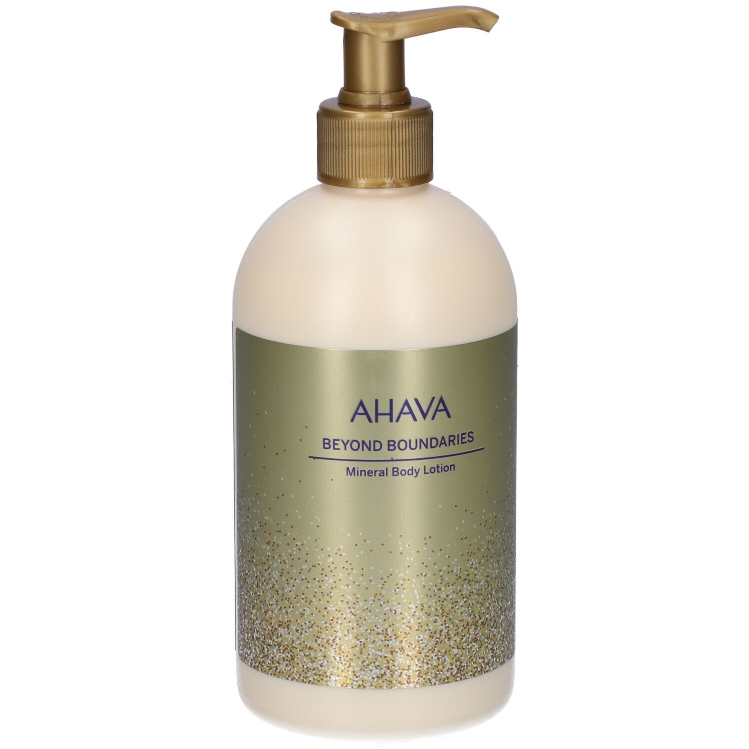 Flacone beige con erogatore dorato. Scritta AHAVA, Beyond Boundaries, Mineral Body Lotion.