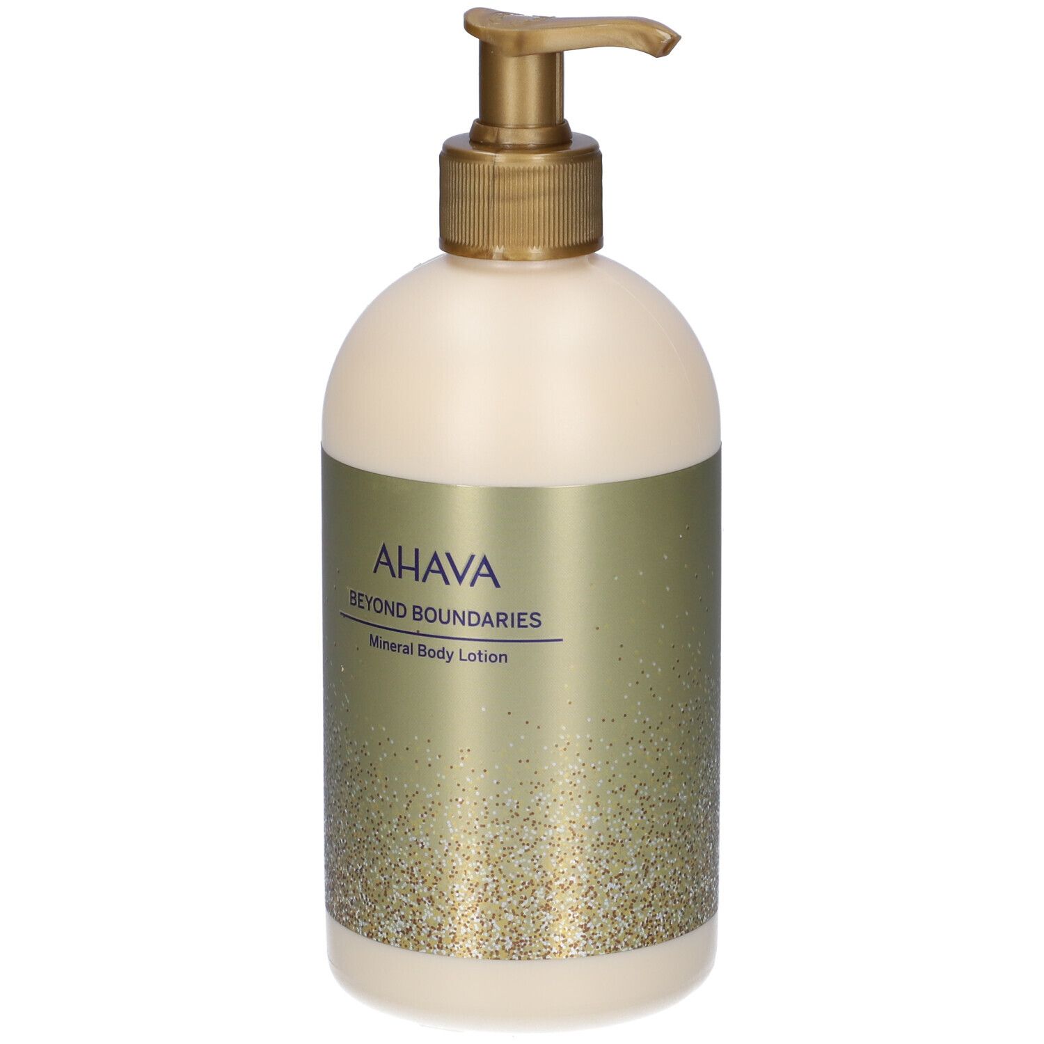 Flacone beige con erogatore dorato. Scritta AHAVA, Beyond Boundaries, Mineral Body Lotion.