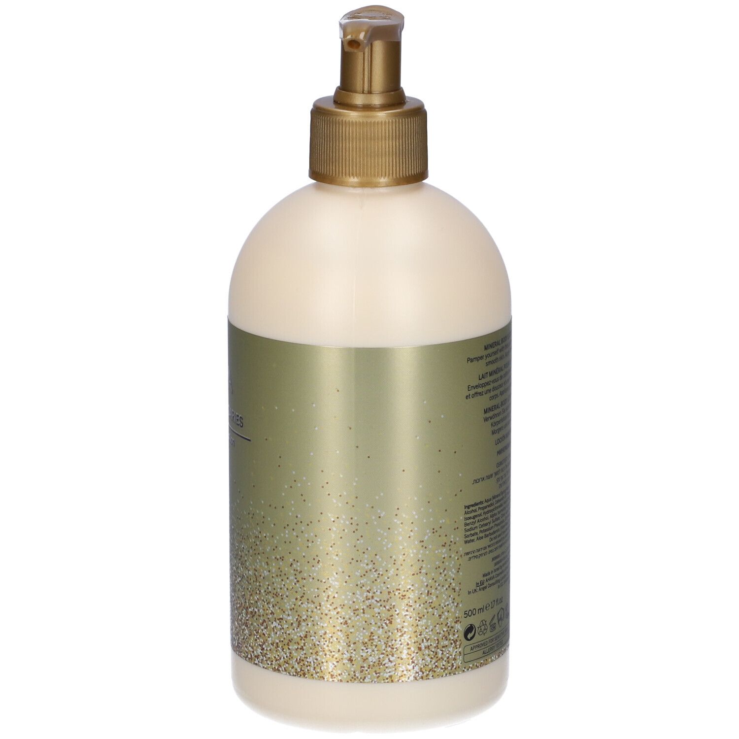 Retro di un flacone beige con erogatore dorato. Testo sull'etichetta.