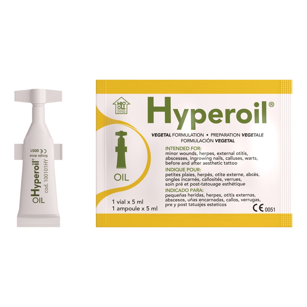 Fiala e bustina con logo "Hyperoil". La bustina contiene informazioni sul prodotto in più lingue.