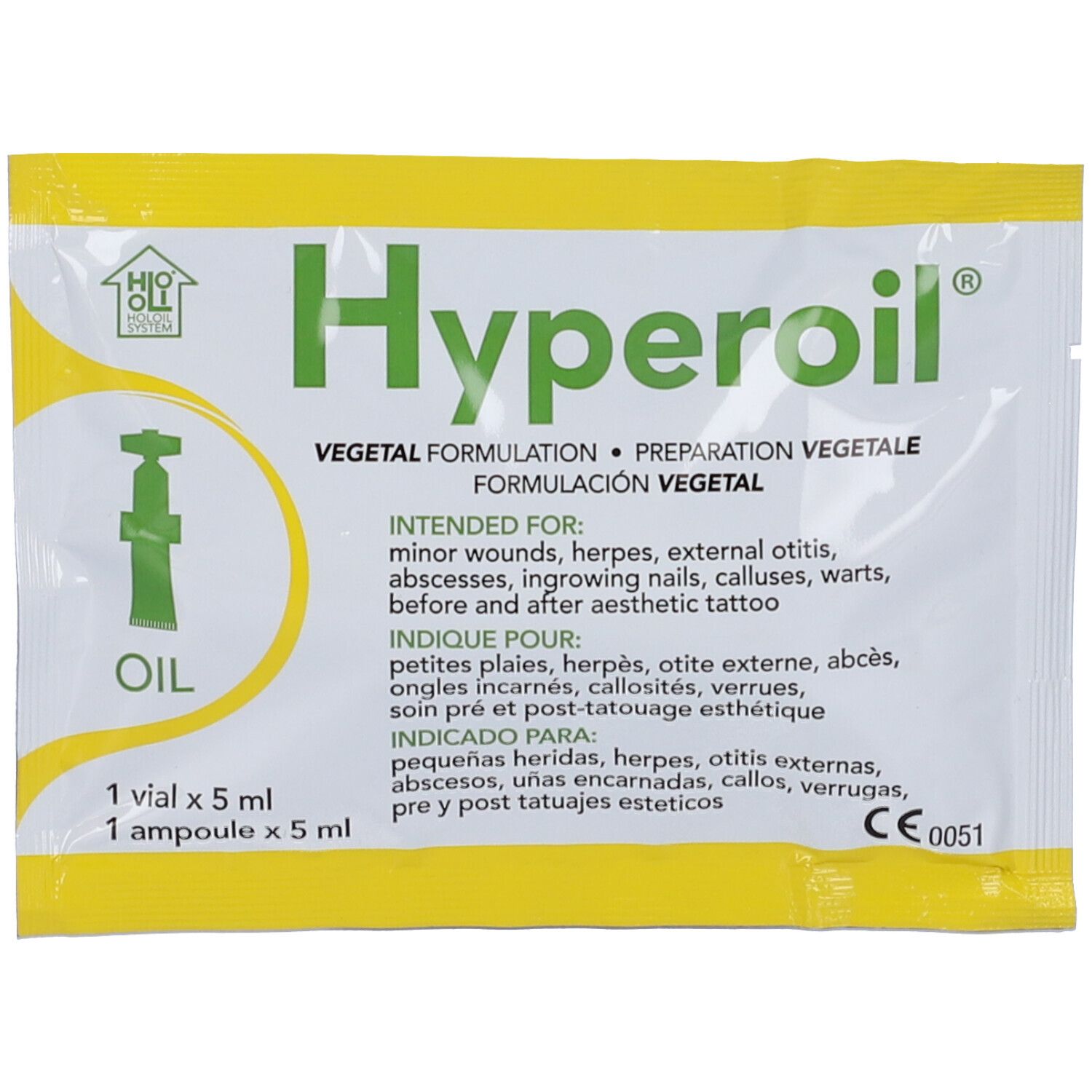Bustina gialla con logo "Hyperoil" e informazioni sul prodotto in più lingue.