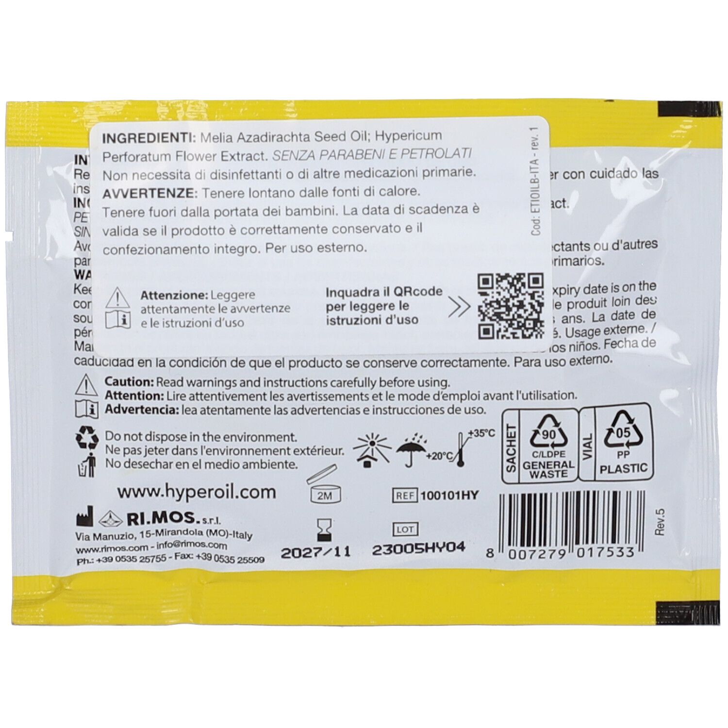 Retro di una bustina gialla "Hyperoil". Contiene ingredienti, avvertenze e codice QR.