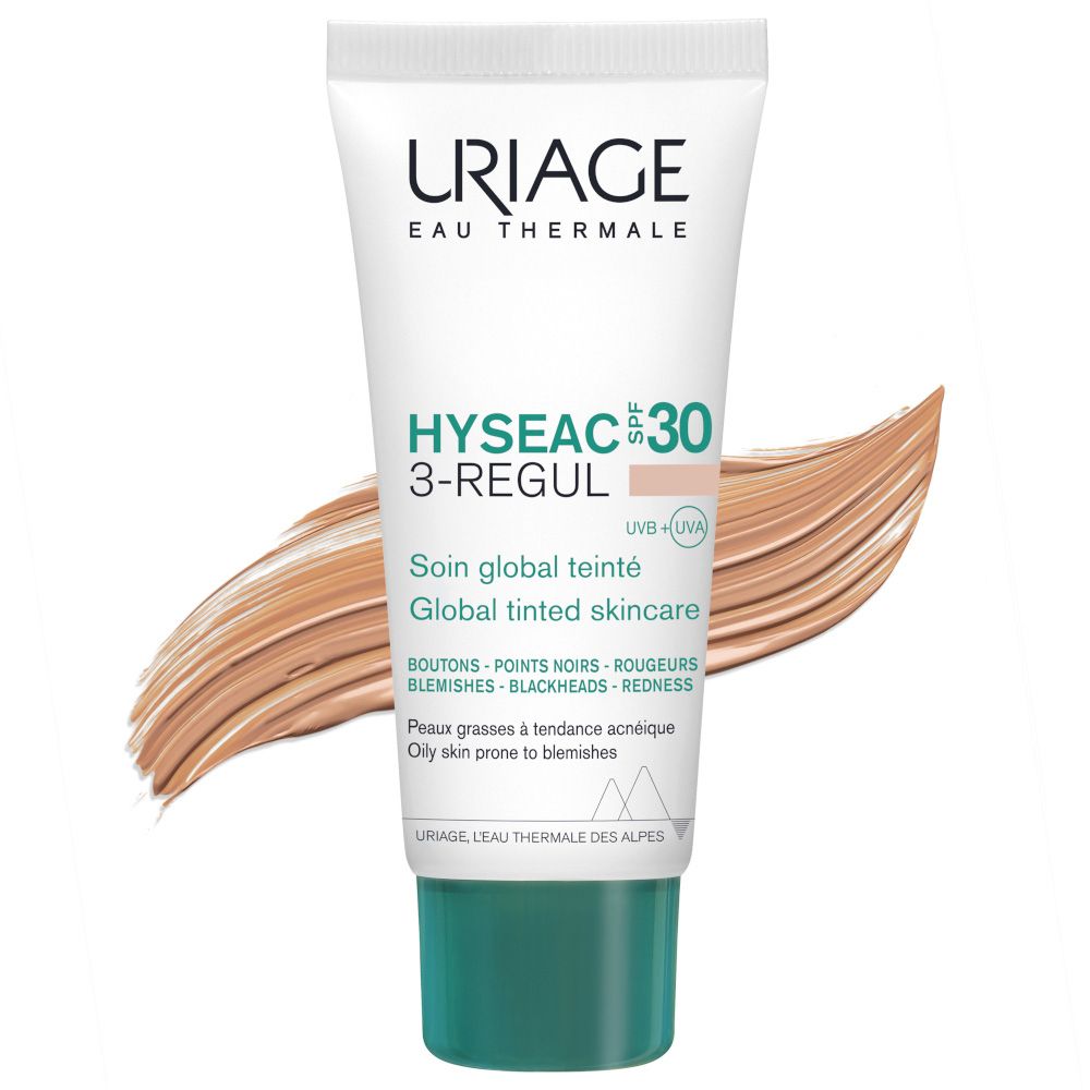 Uriage Hyseac 3-Regul SPF30. Tubo di trattamento colorato con traccia di prodotto. Pelle grassa a tendenza acneica.