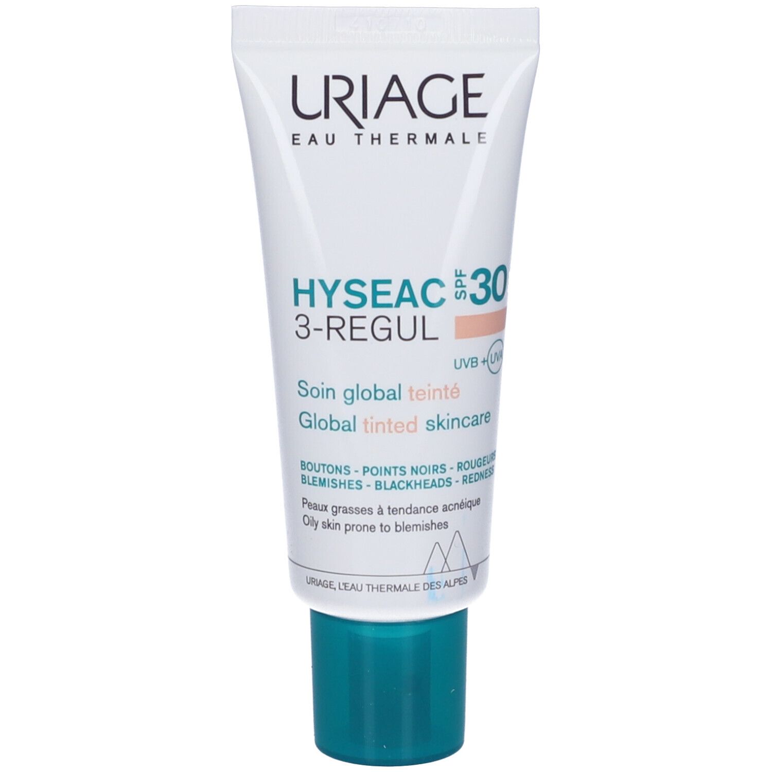 Tubo e confezione Uriage Hyseac 3-Regul SPF30. Testo: AHA + acido salicilico, trattamento colorato, 40ml, 1.35fl.oz.